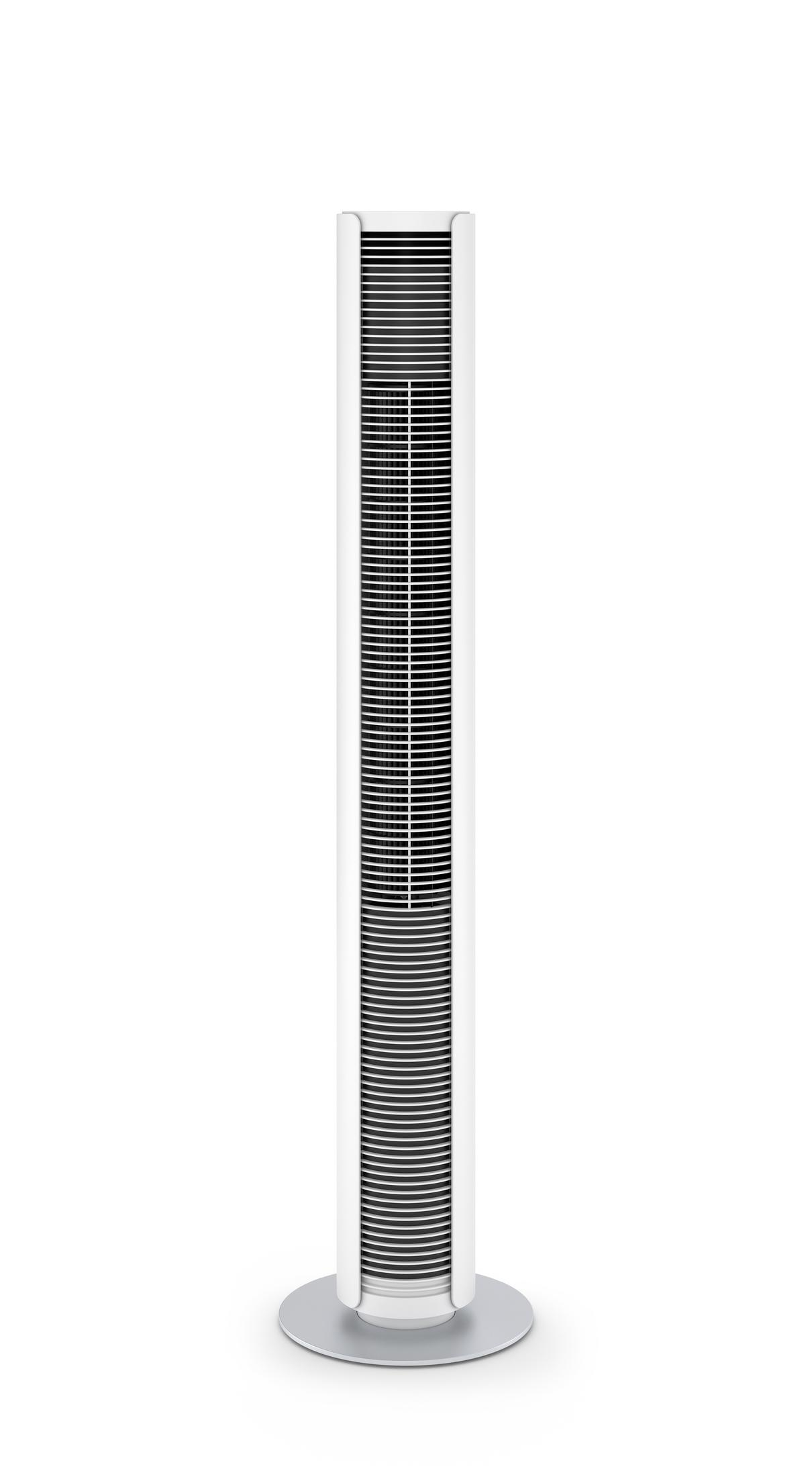 Un grand ventilateur blanc et noir sur fond blanc, design vertical.