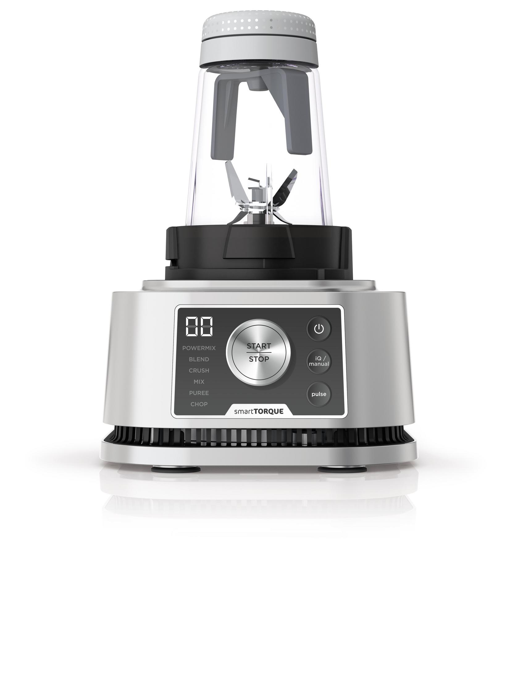 A silver blender on a white surface, with a clear container on top.