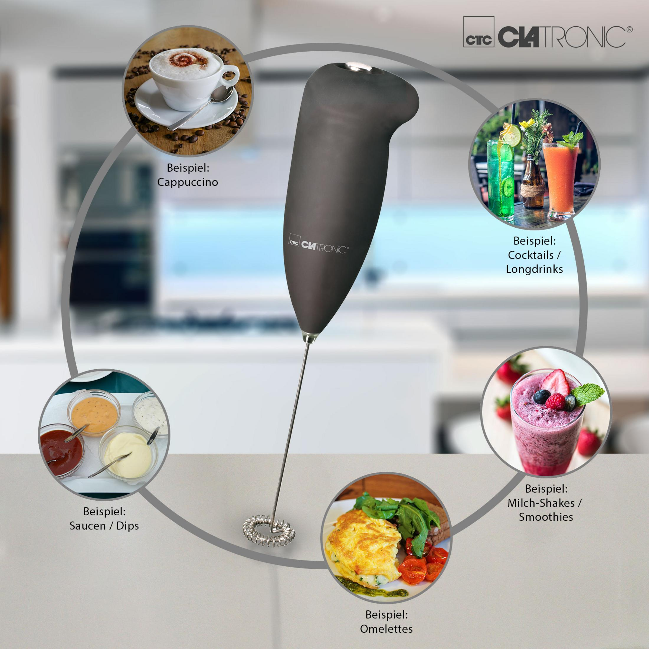 Ręczny spieniacz do mleka z przykładami cappuccino, koktajli, sosów, koktajli.