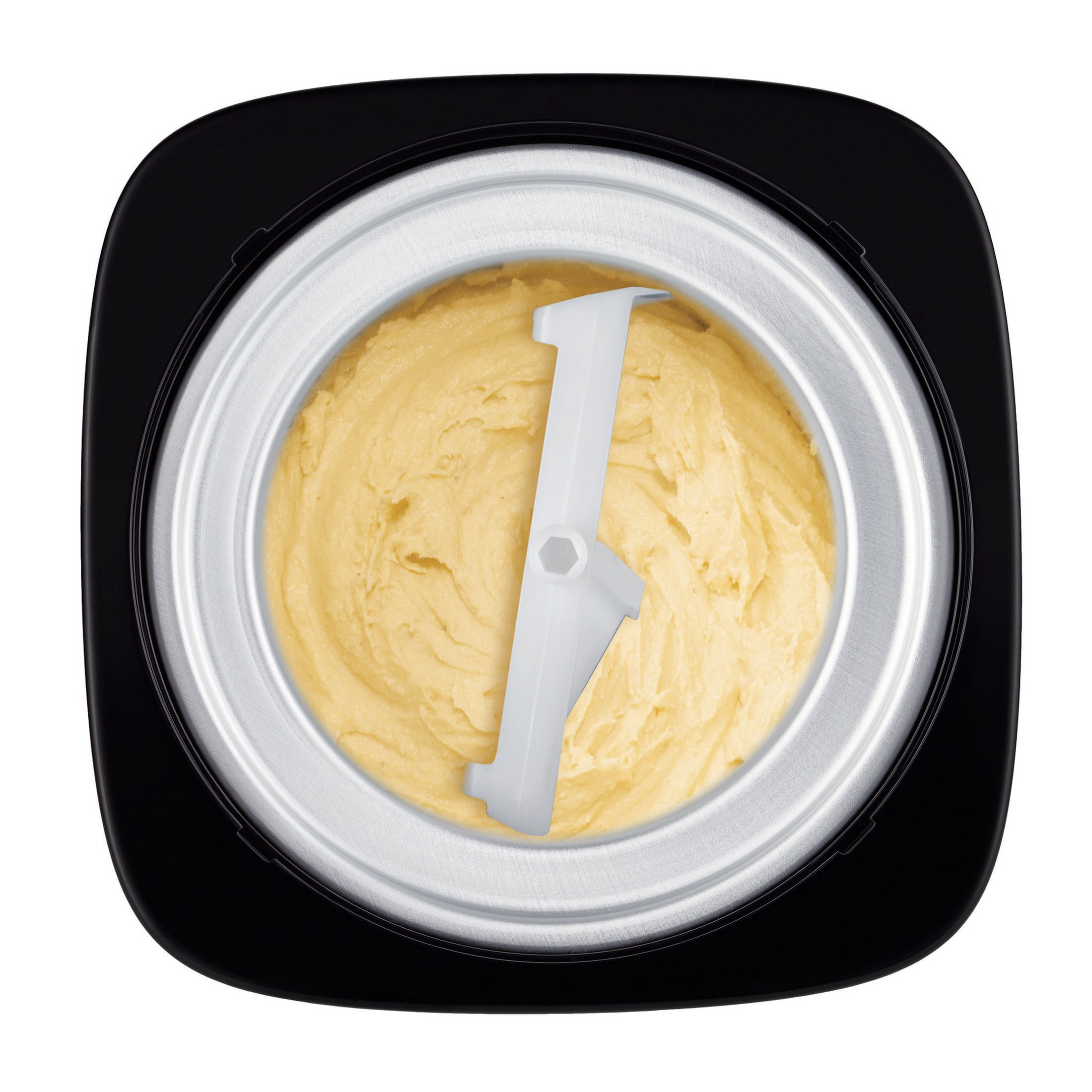 Widok z góry na czarną maszynę do lodów, pokazujący pojemnik i mieszadło.