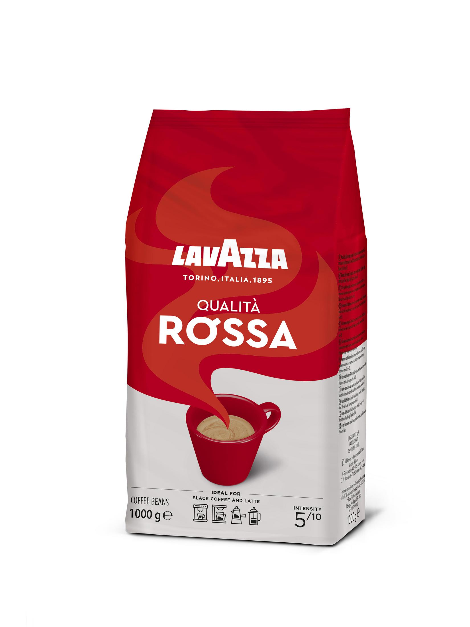 Czerwono-biała torebka kawy Lavazza, tekst Qualita Rossa, grafika filiżanki.