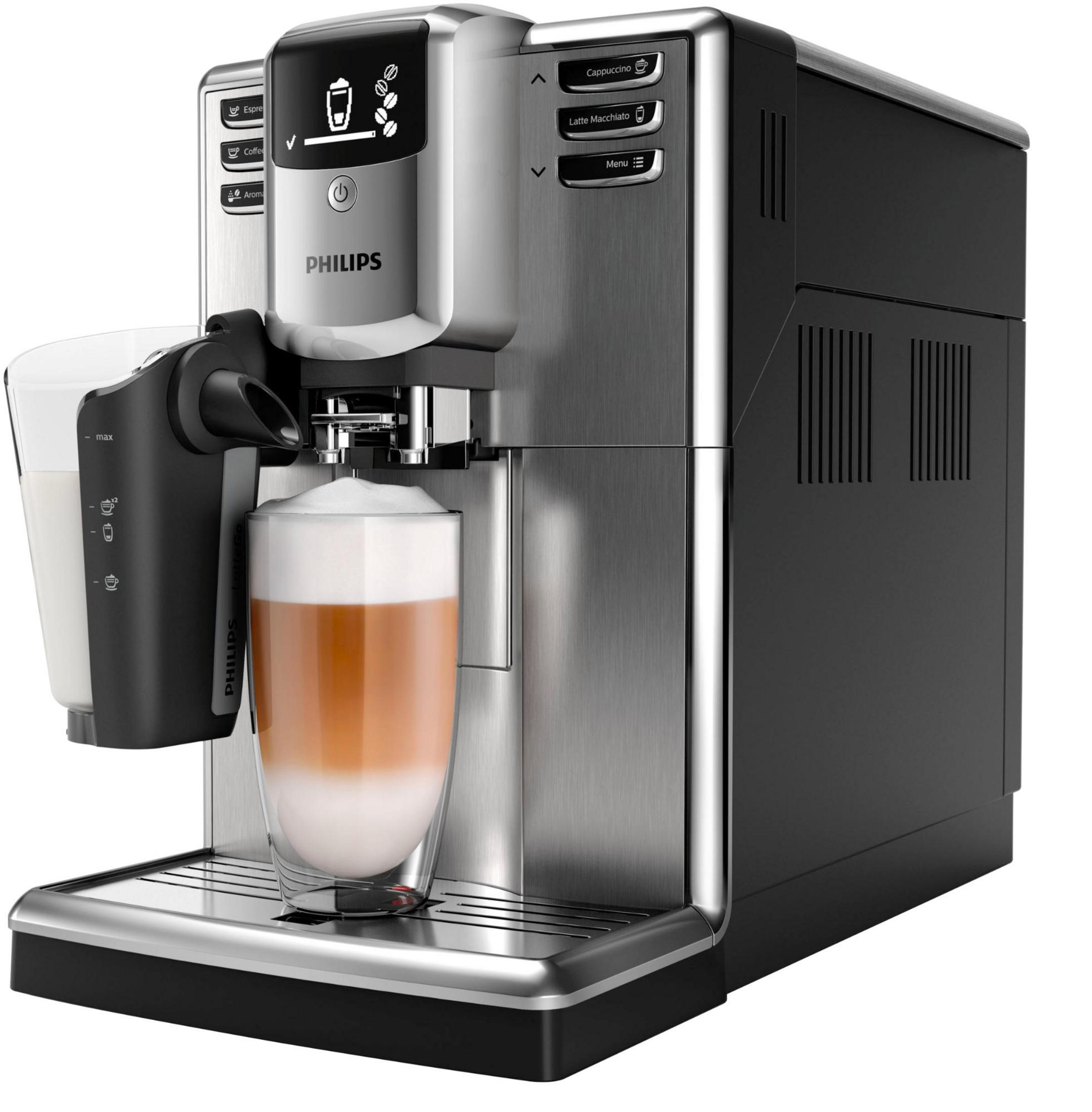 Una macchina per espresso Philips che prepara un latte. Bicchiere con strati di caffè, latte e schiuma.