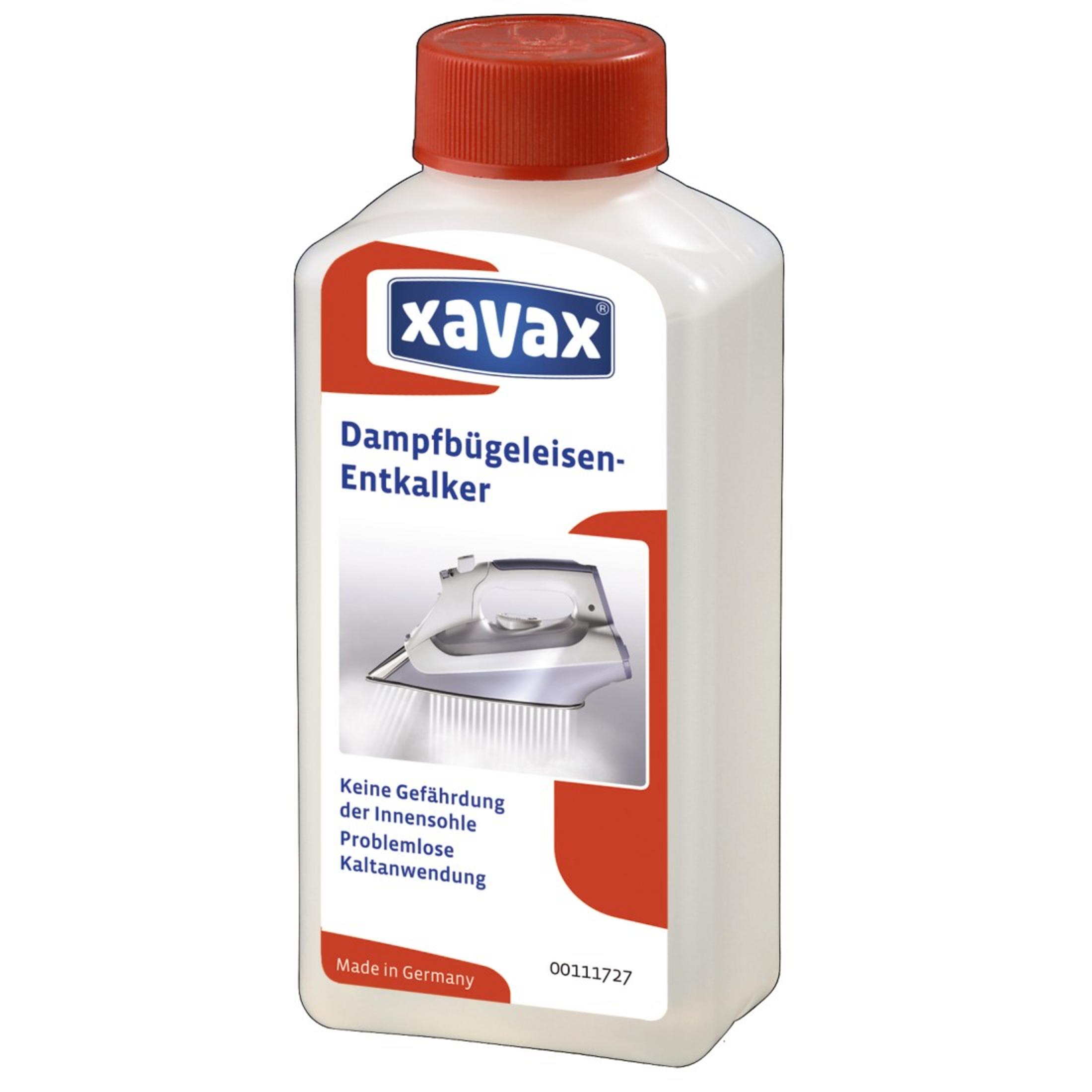 Eine Flasche Entkalker für Dampfbügeleisen, mit Text und Bild.