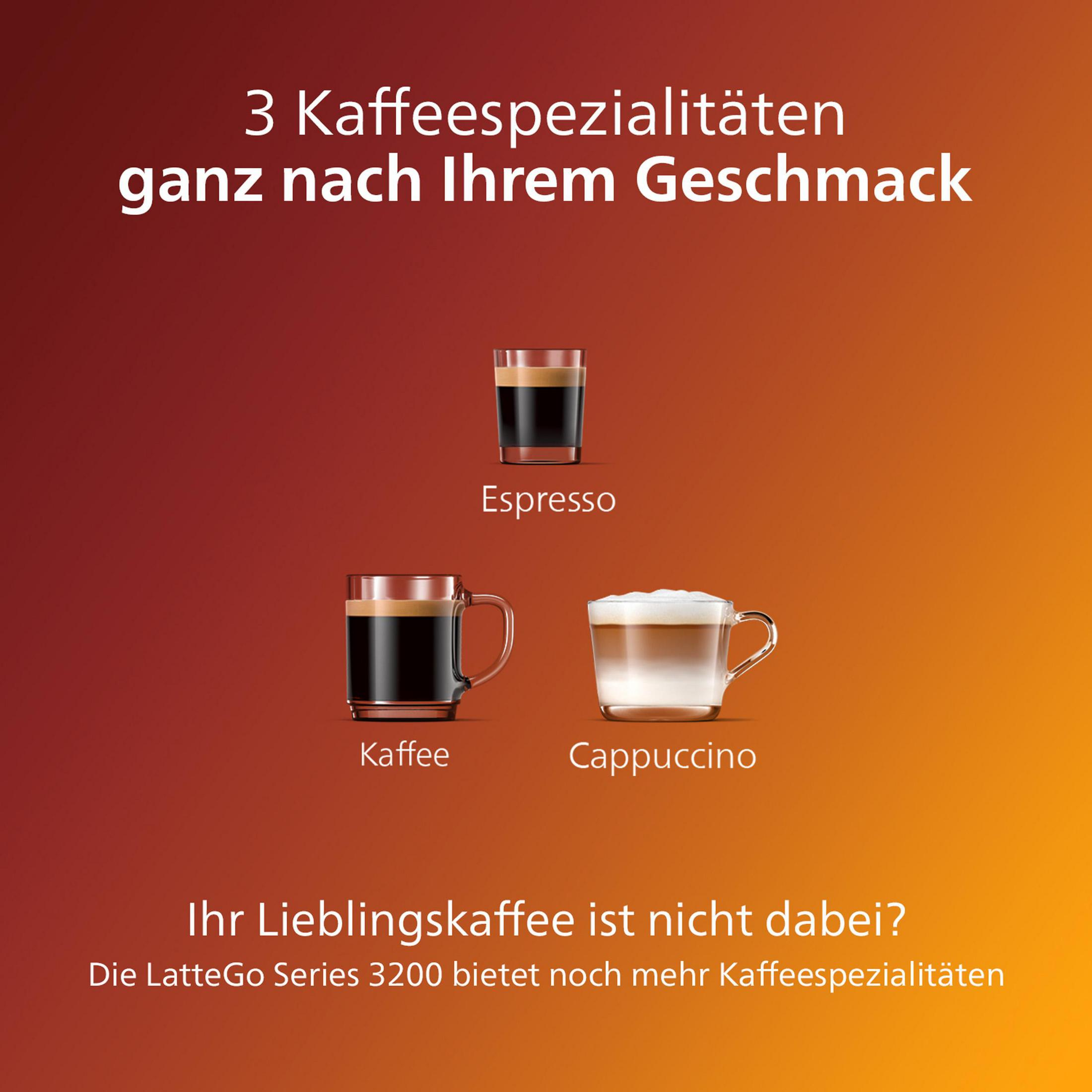 Üç kahve çeşidi: Espresso, Kaffee ve Cappuccino, kırmızı-turuncu degrade bir arka planda.