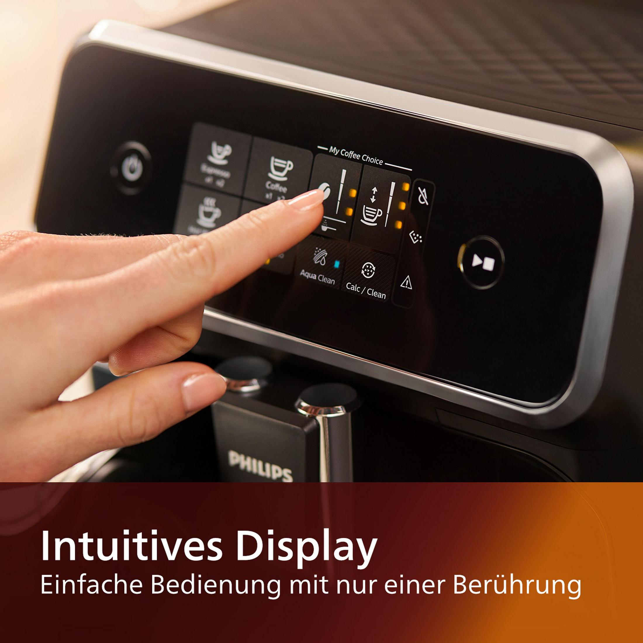 Dokunmatik ekranlı kahve makinesi. El ekrana dokunuyor. 'Intuitives Display' metni.
