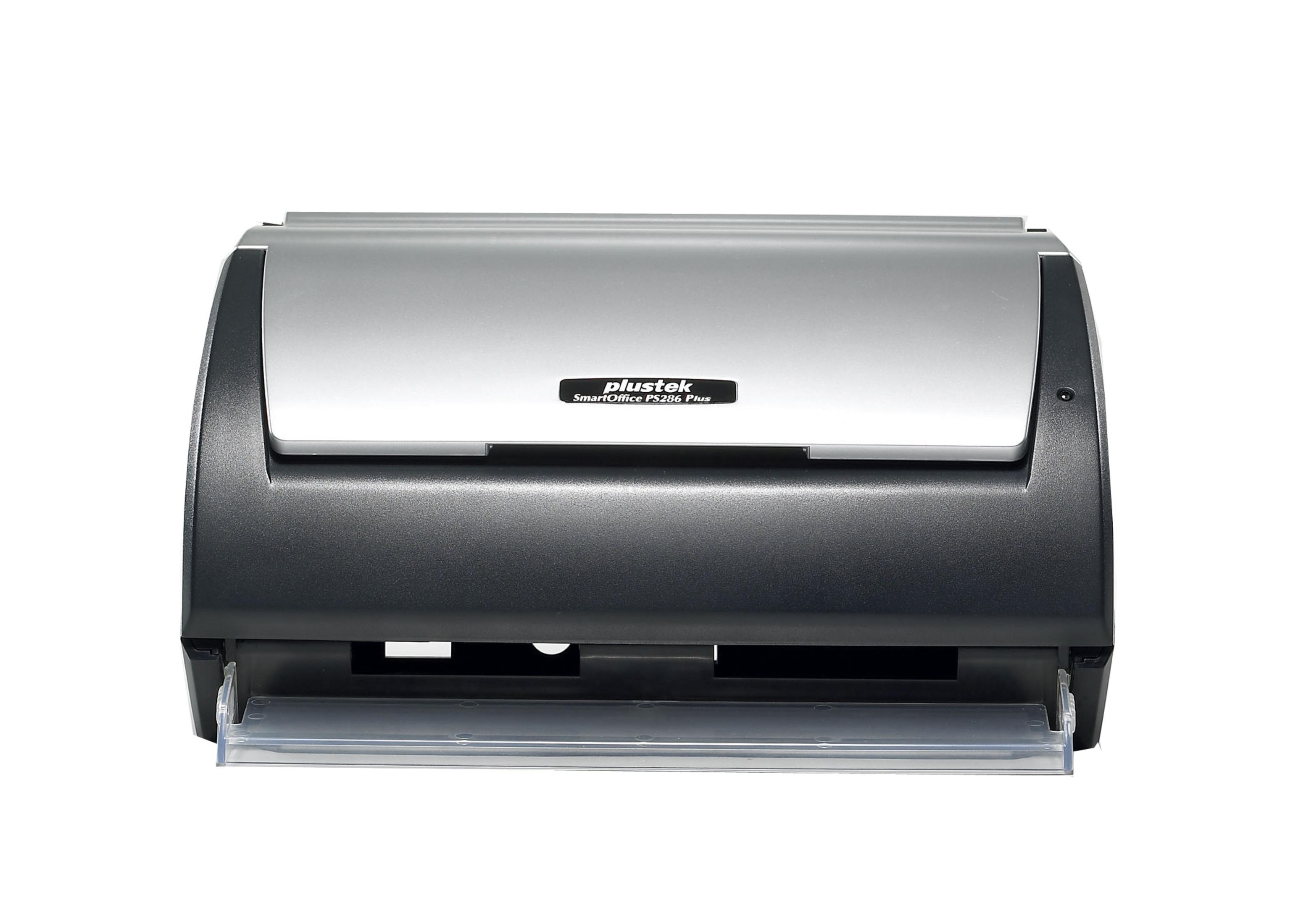 Czarny i srebrny skaner. Przednia taca jest otwarta. Widoczna marka 'plustek'.