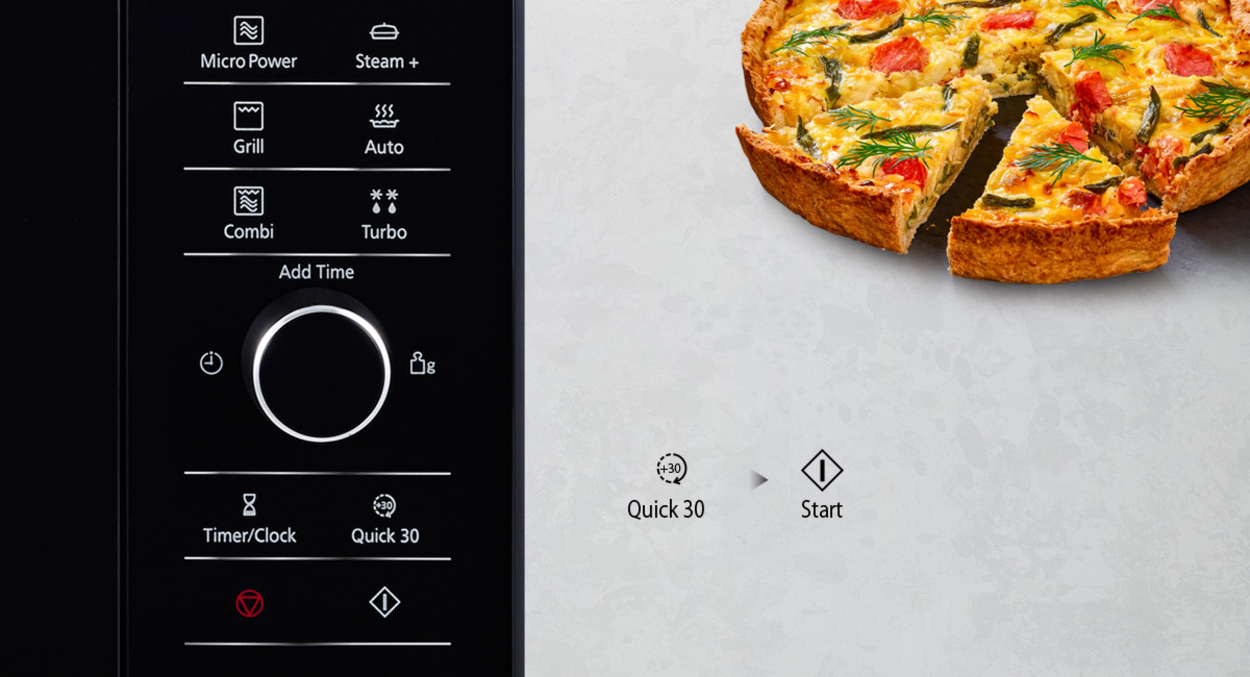 Panel sterowania kuchenki mikrofalowej i pokrojone quiche na stole.