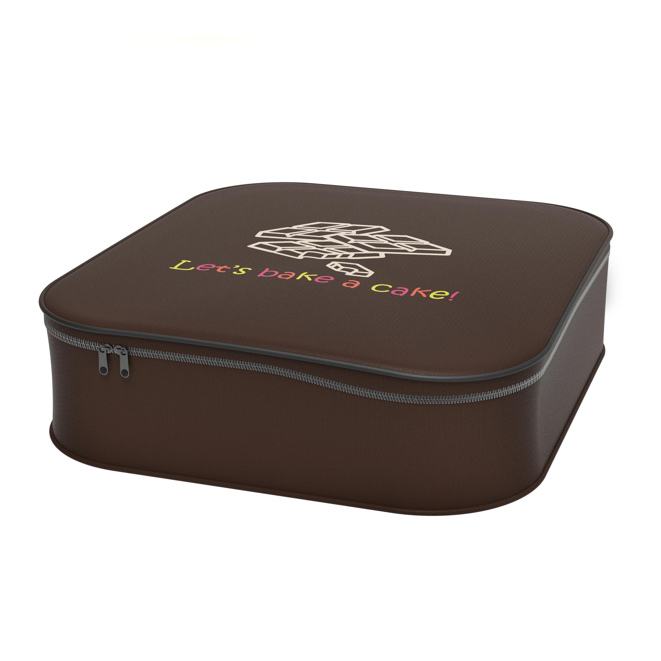 Contenitore per torte quadrato marrone con 'Let's bake a cake!' sopra.