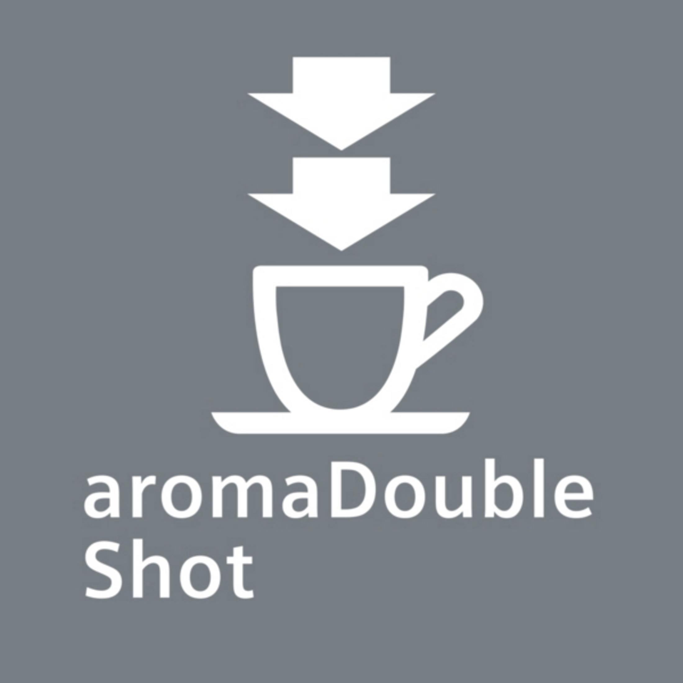 Tasse blanche et flèches, texte aromaDoubleShot sur fond gris.