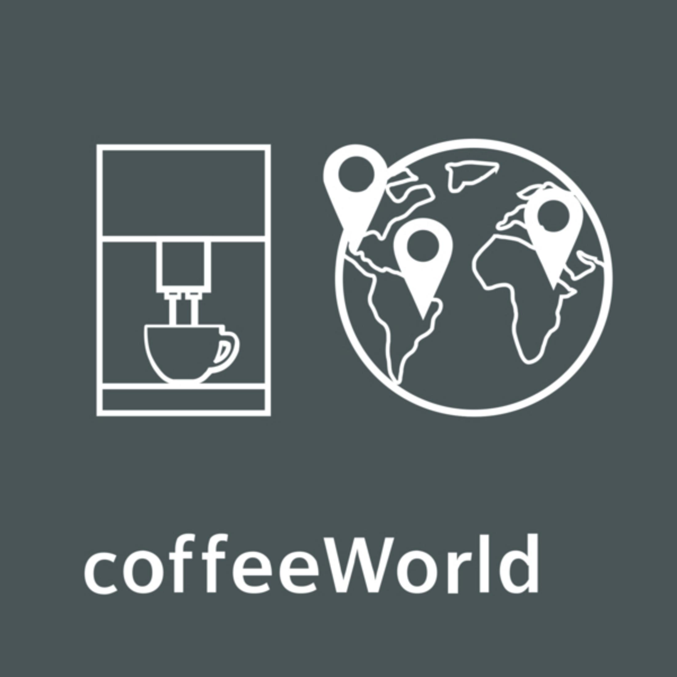 Logo CoffeeWorld z ekspresem do kawy i mapą świata z pinezkami.