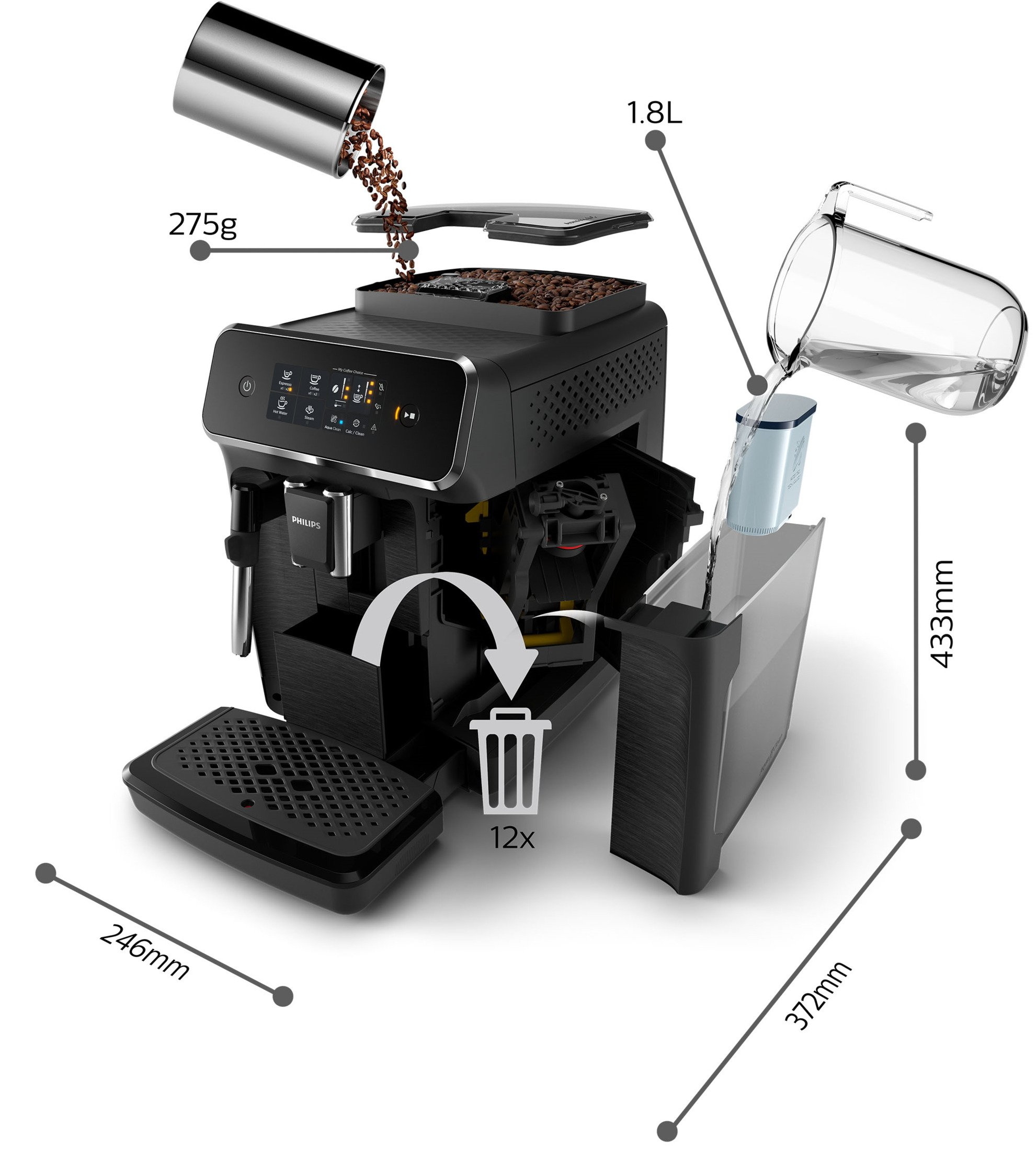Nóż elektryczny z deską do krojenia, nożem i widelcem, z pokrojonym mięsem.