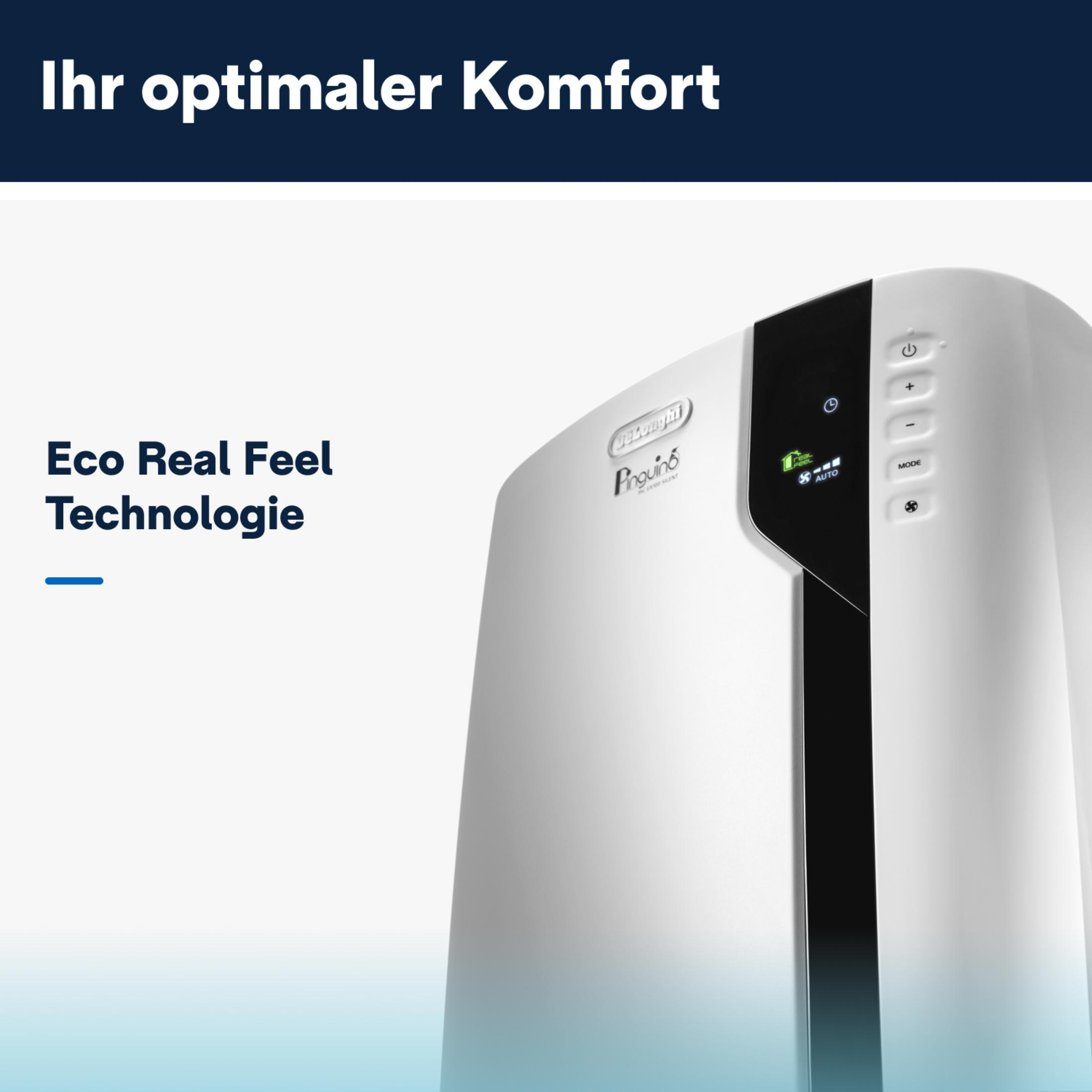 Weißer Luftreiniger mit Bildschirm und Tasten, mit Text links. Blauer und weißer Hintergrund.