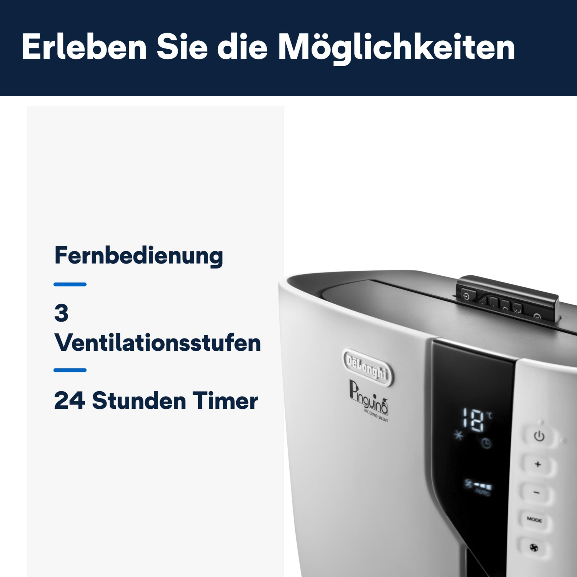 Ein weißer Klimaanlage mit Steuertasten und Text. Weißer Hintergrund.