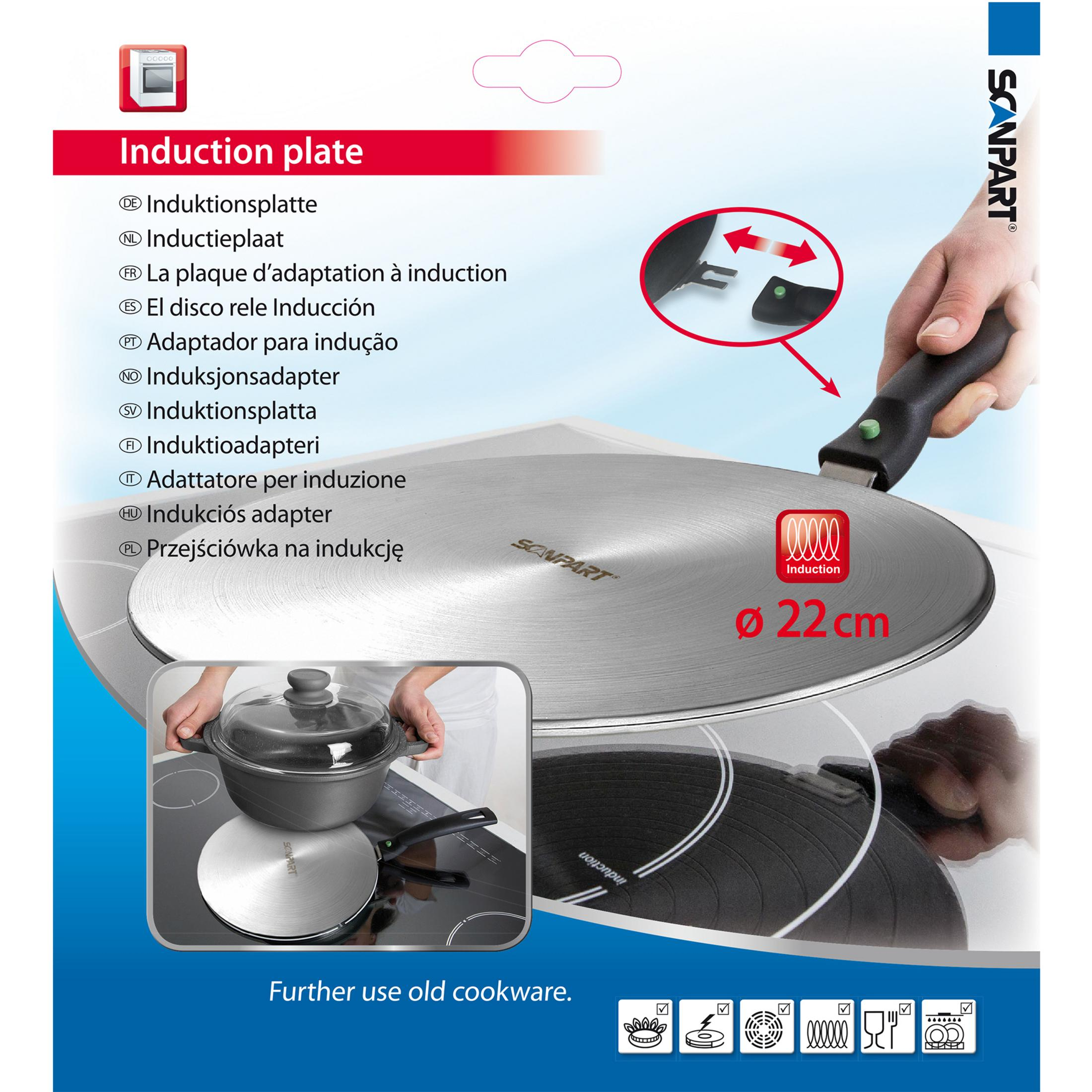 Silberne Induktionsplatte und ein schwarzer Induktionsadapter. Die Platte ist 22 cm groß, Text in verschiedenen Sprachen.