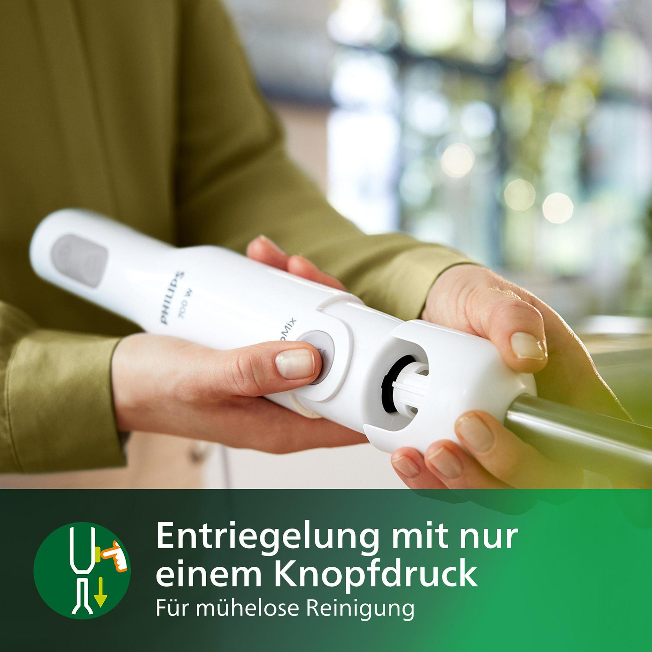 Biały blender ręczny. Tekst na zdjęciu: 'Entriegelung mit nur einem Knopfdruck'.