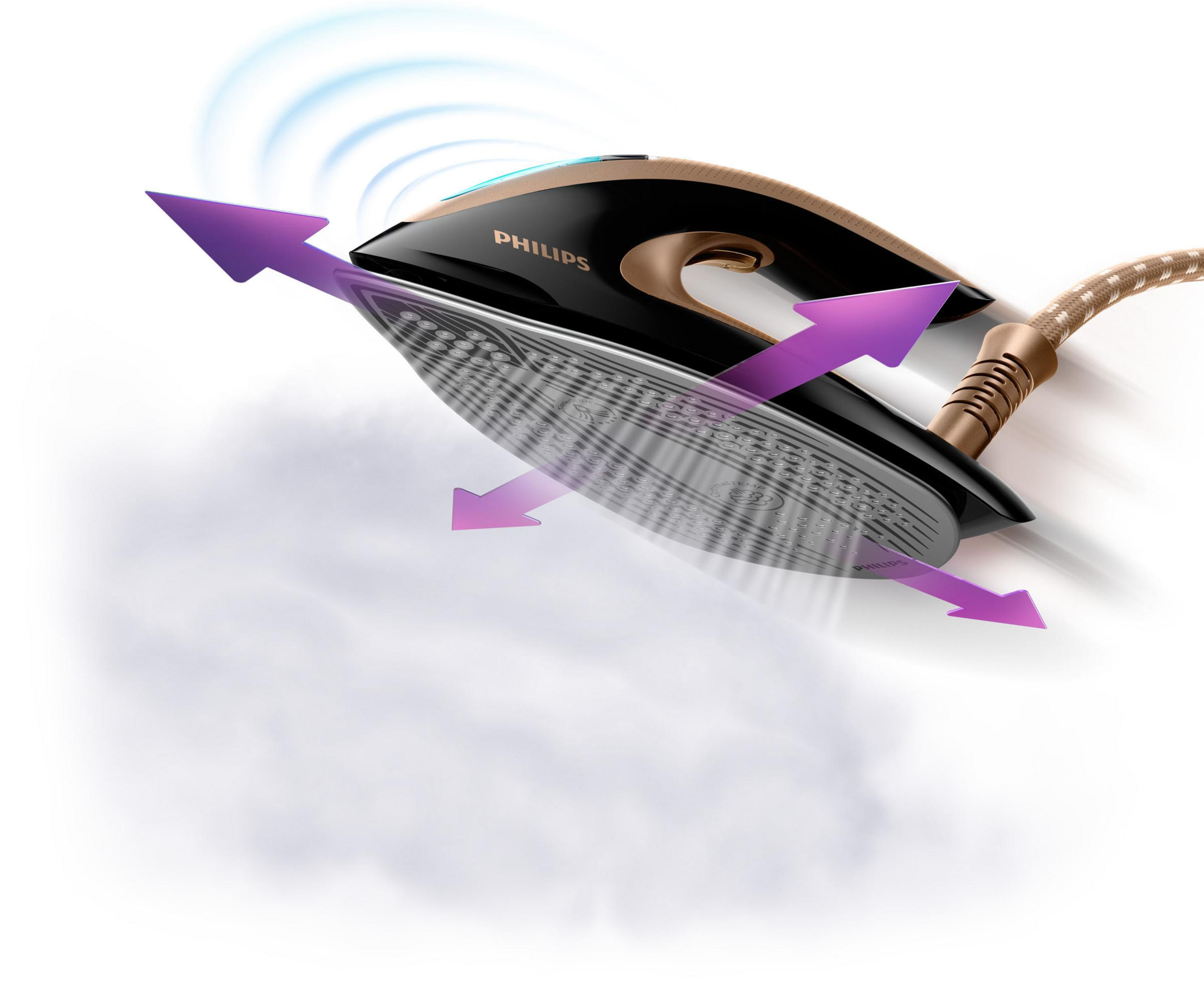 Una plancha Philips negra y dorada con flechas de vapor, sobre un fondo blanco con vapor.