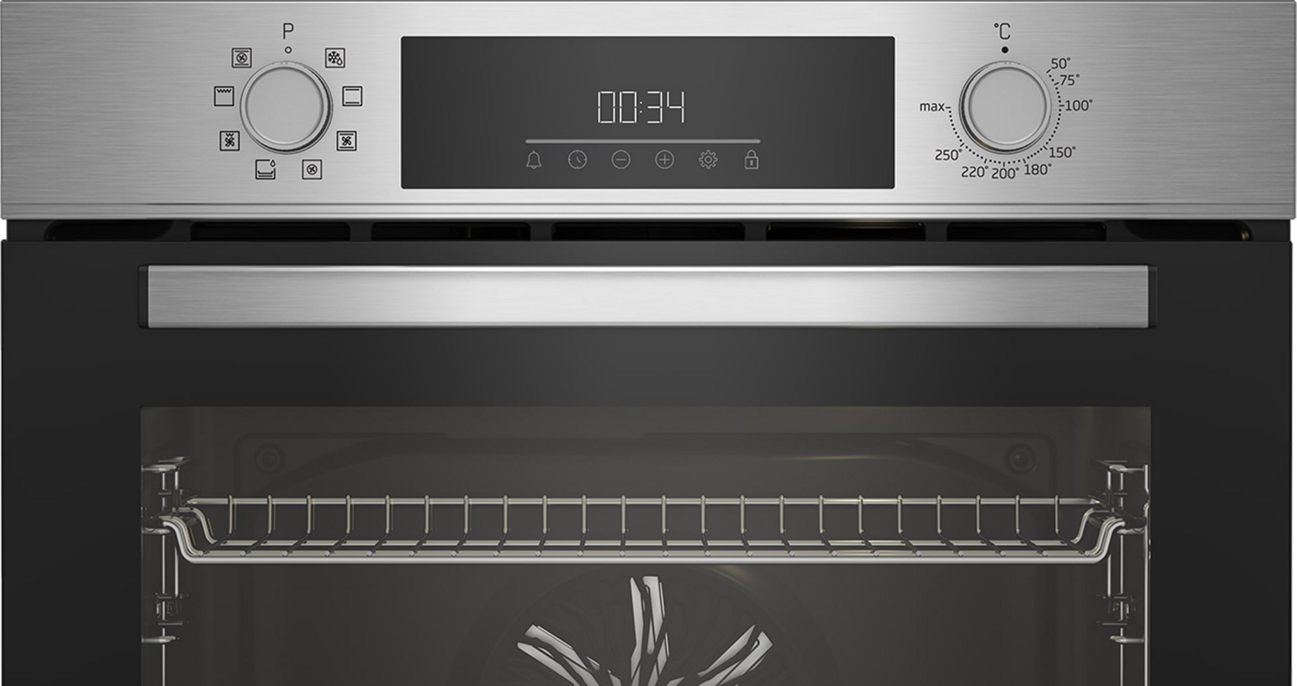 Pannello di controllo del forno con manopole, un display digitale e l'interno del forno.