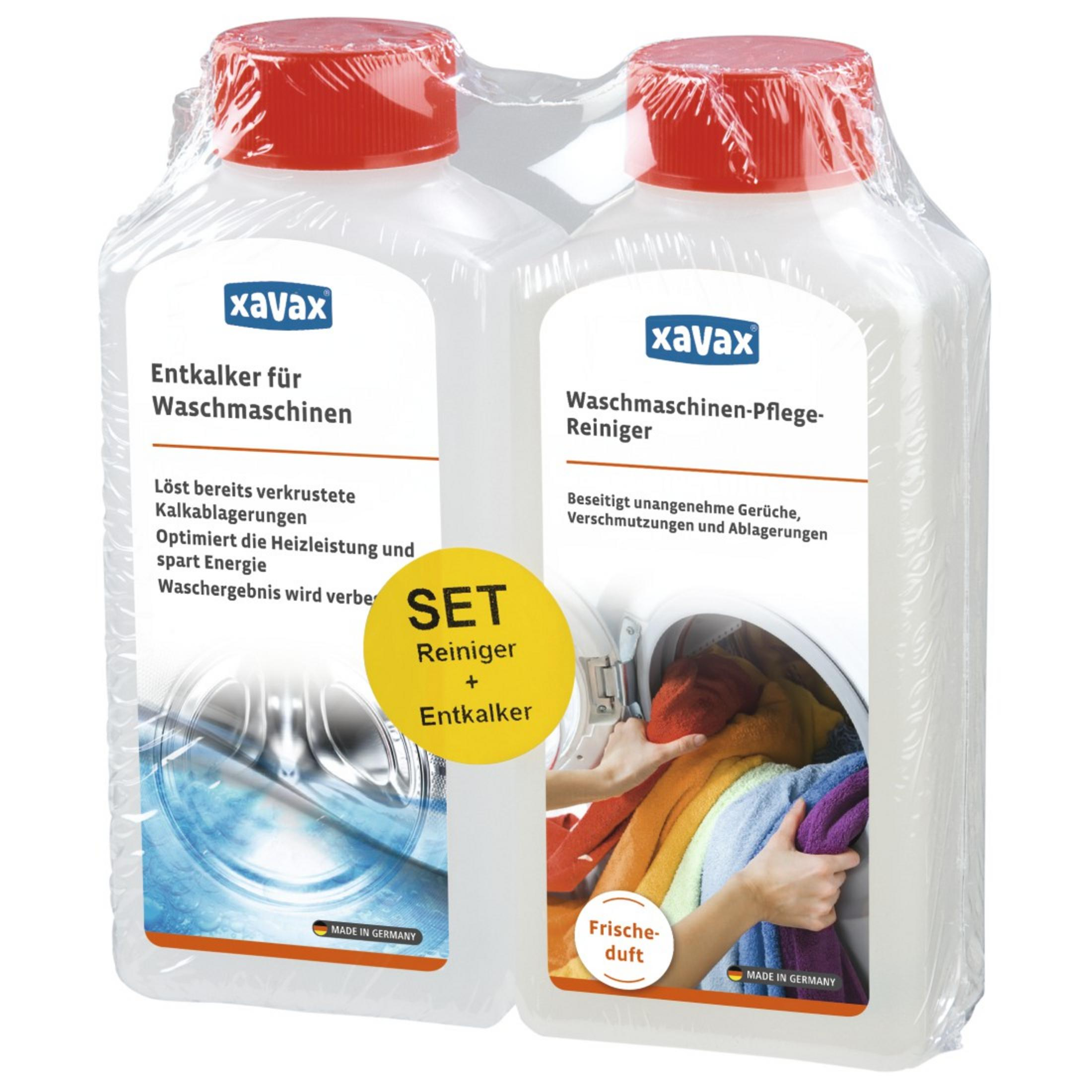 Zwei Flaschen Waschmaschinenreiniger mit Verpackung.