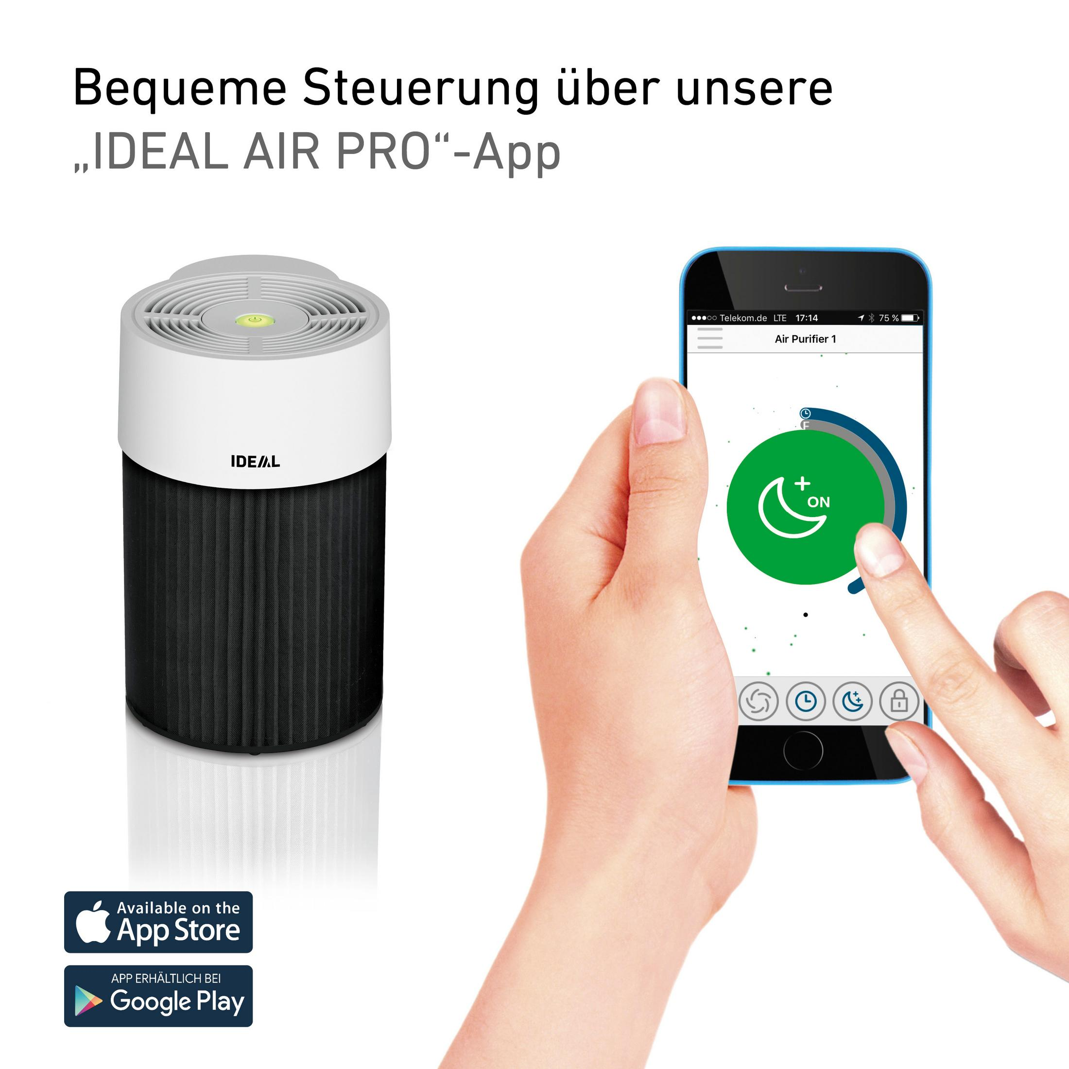 Ein Luftreiniger und ein Telefon, das eine App-Oberfläche mit einem 'ON'-Knopf anzeigt.