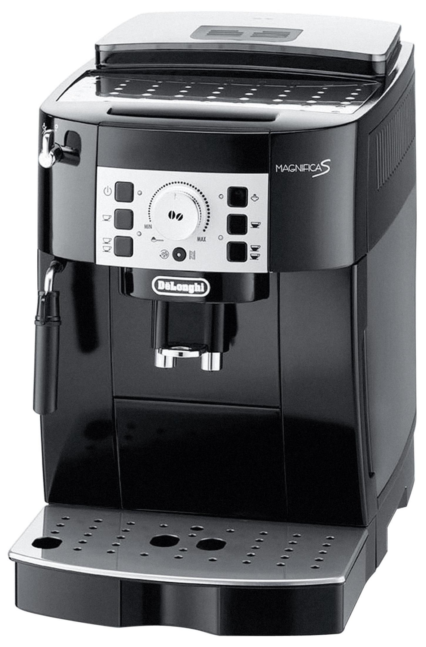 Czarny ekspres do kawy DeLonghi Magnifica S, ze srebrnym panelem i przyciskami.