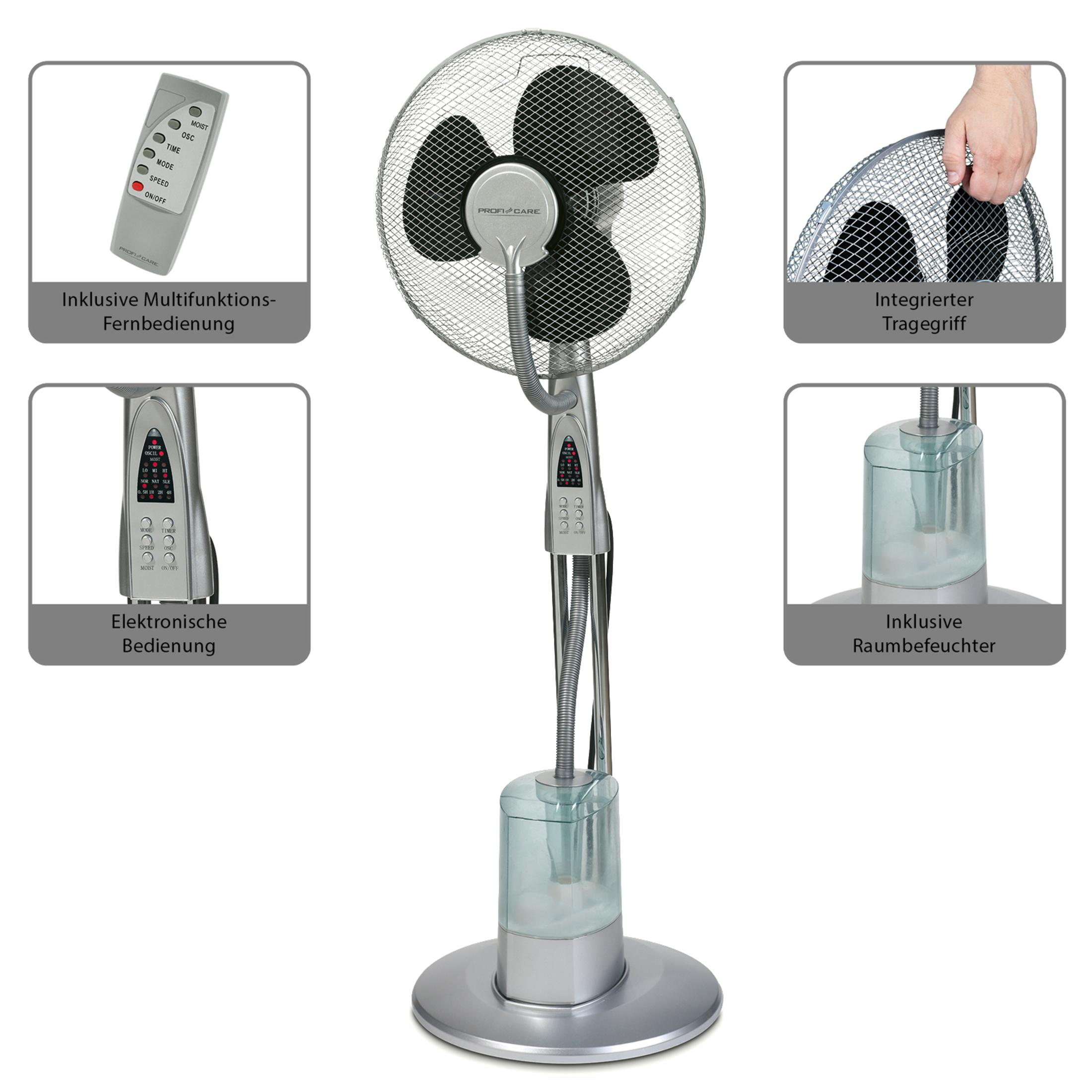 Srebrny wentylator stojący z wieloma funkcjami. Zawiera pilota i nawilżacz.