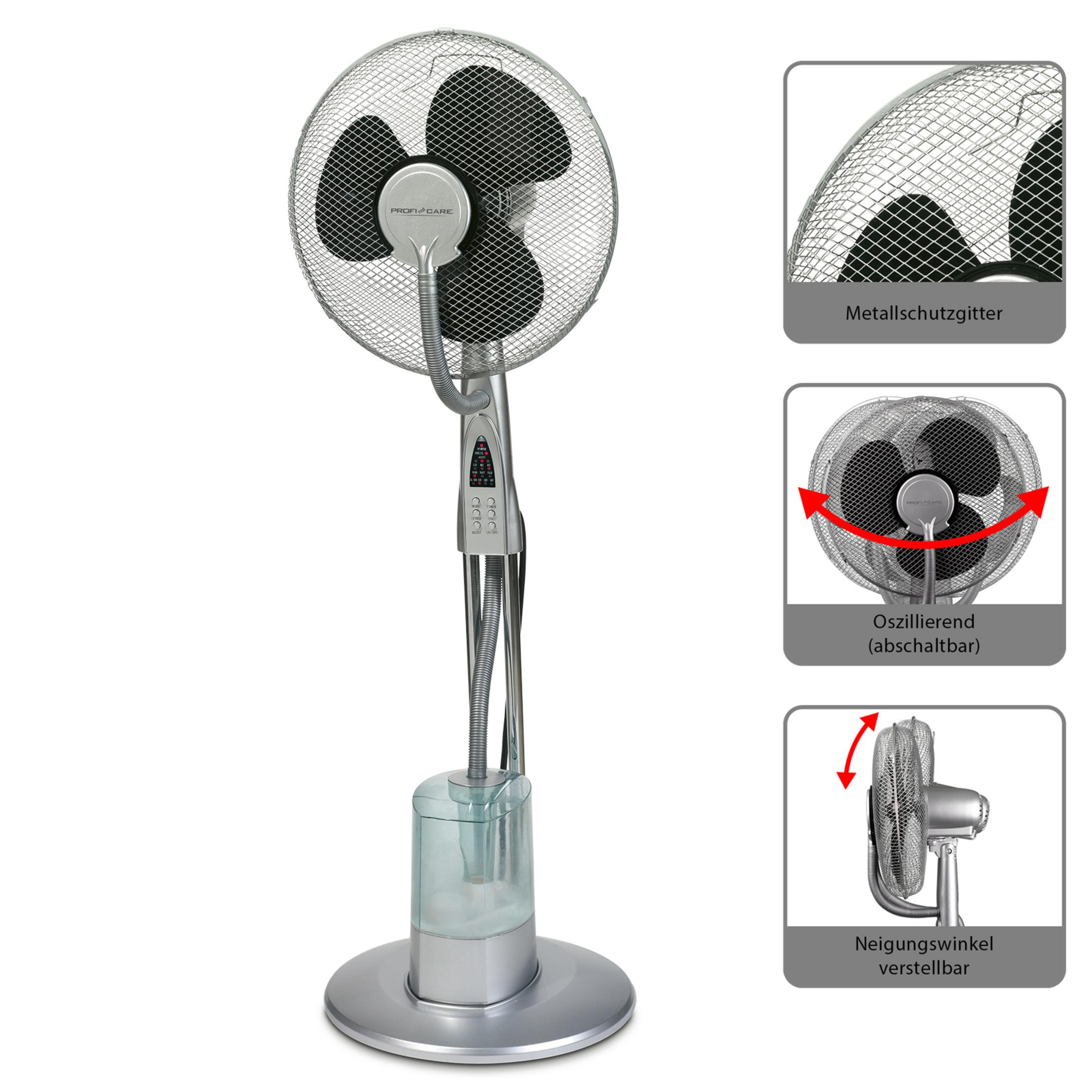 Srebrny wentylator ProfiCare ze zbiornikiem na wodę. Szczegóły pokazują funkcje oscylacji i regulacji nachylenia.