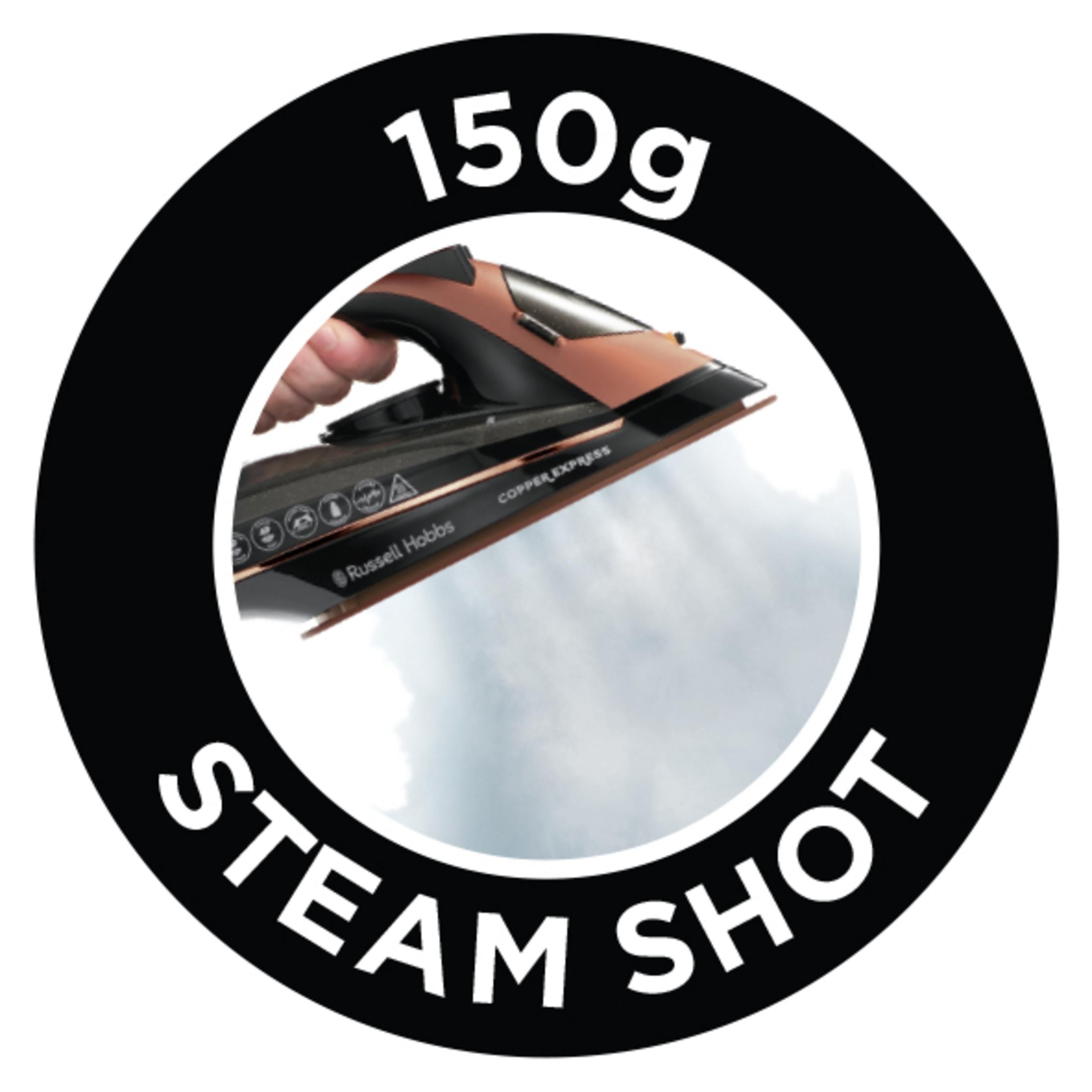 Żelazko parowe uwalnia parę. Obraz jest w okręgu z tekstem '150g Steam Shot'.