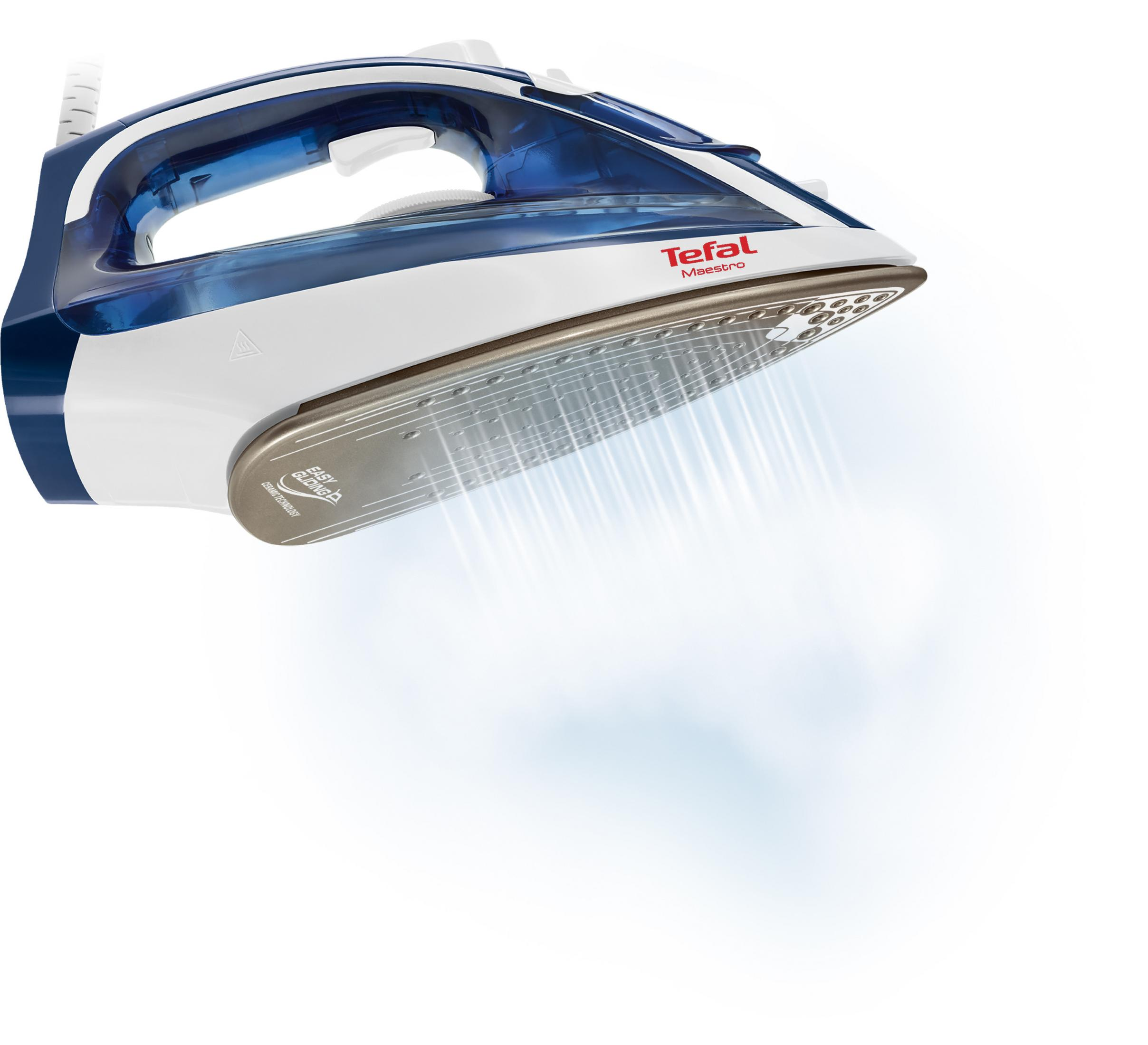 A blue and white Tefal iron with steam coming out. The brand and model are visible.