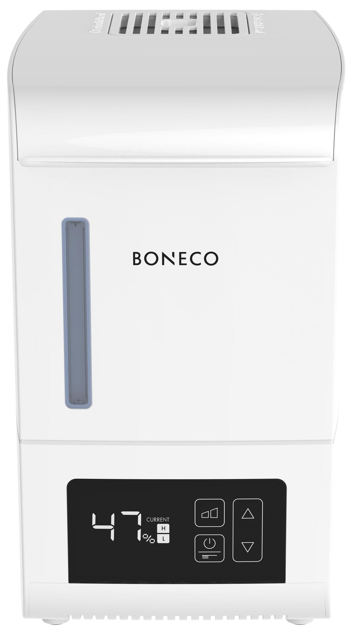Un umidificatore d'aria bianco con il marchio BONECO e pulsanti di controllo. Ha un indicatore di livello.