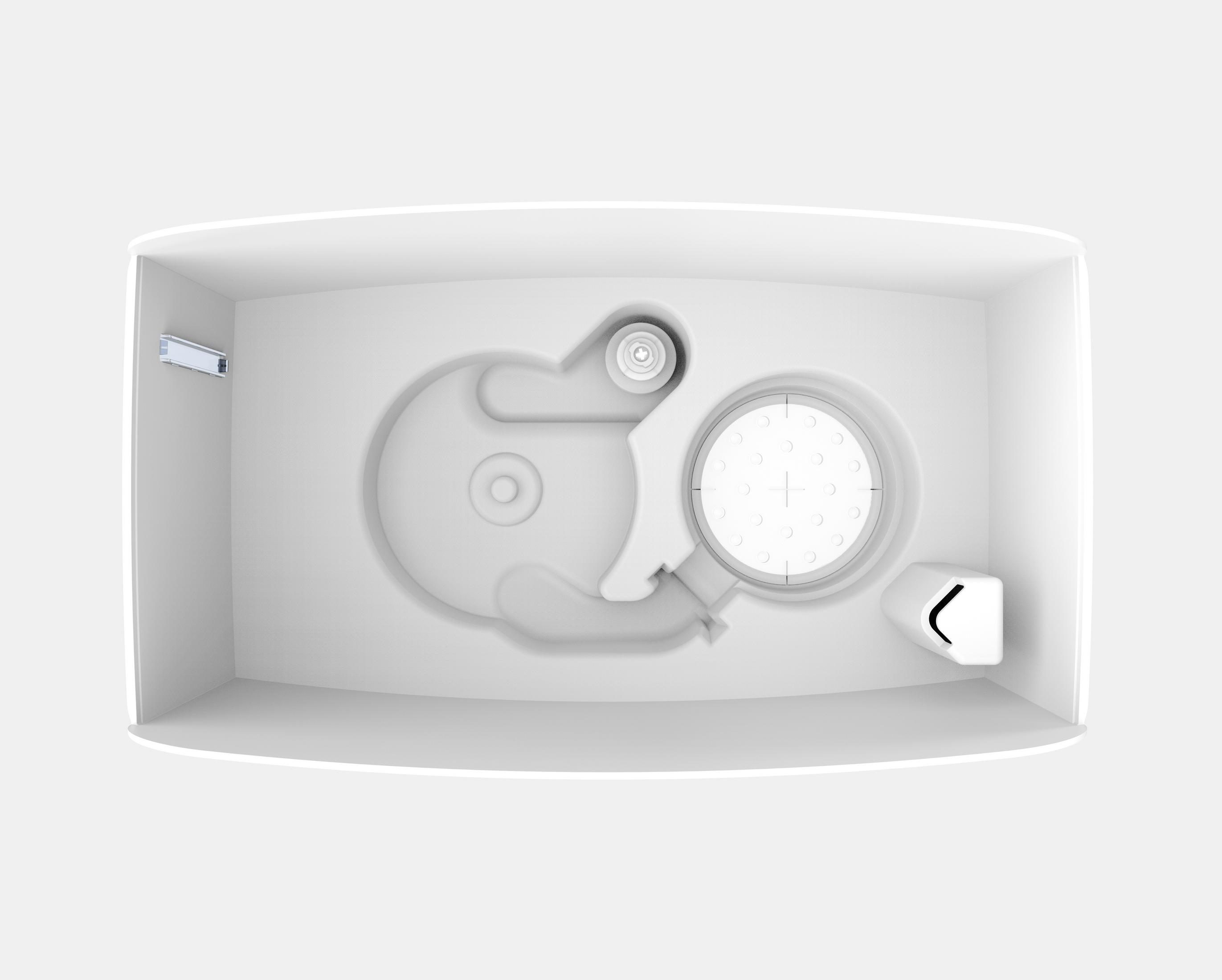 Componente in plastica bianca. Design interno complesso. Visto dall'alto. Pulito e vuoto.