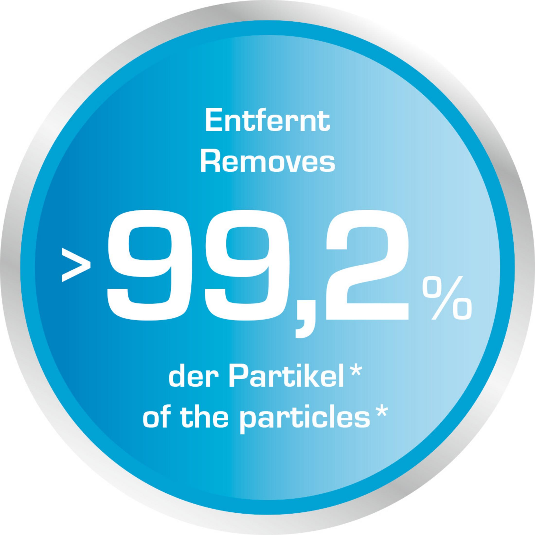 Blau-weißes rundes Abzeichen mit der Aufschrift '<gt/>99,2% der Partikel' werden entfernt.