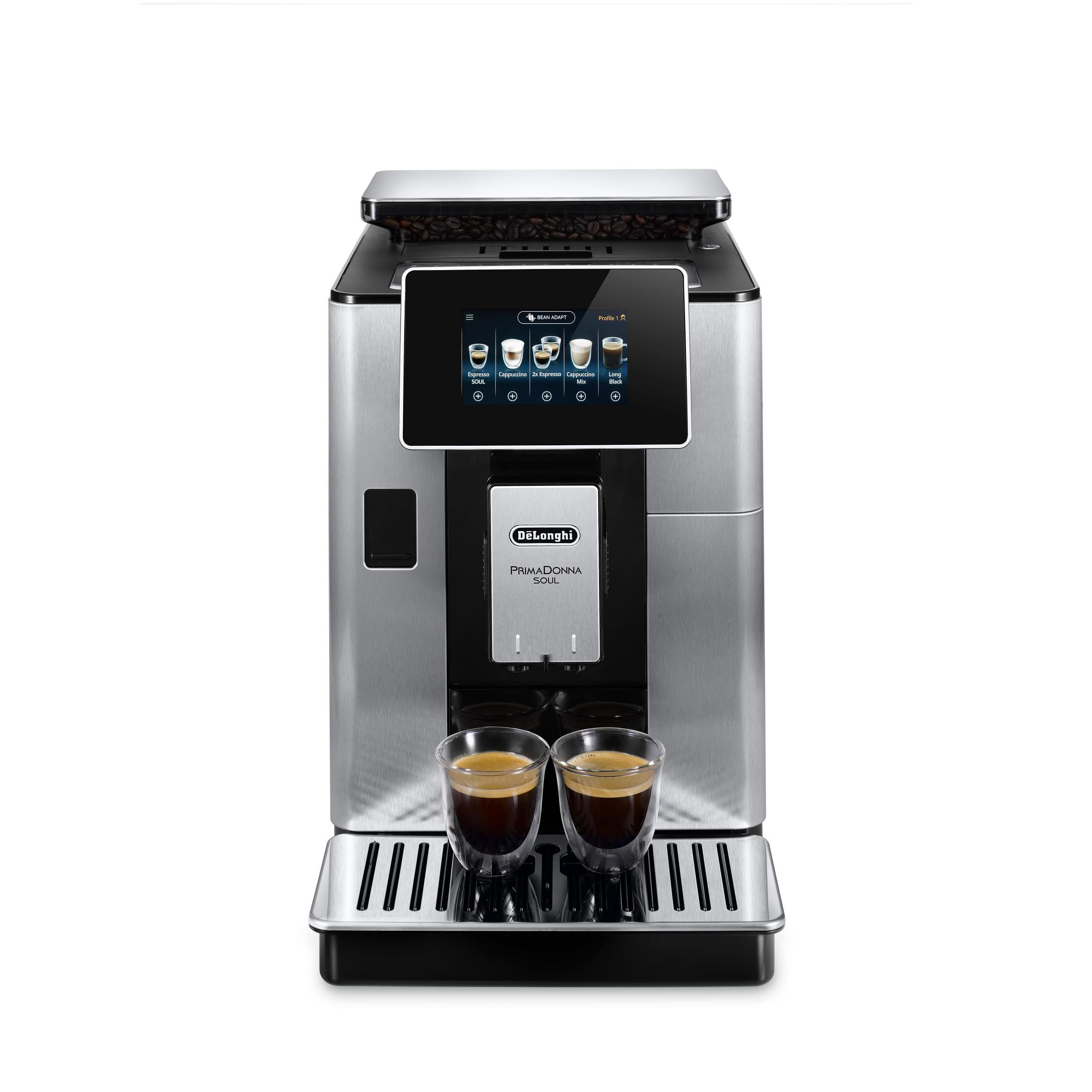 Silber-schwarze Espressomaschine mit zwei Kaffeetassen und Touchscreen.