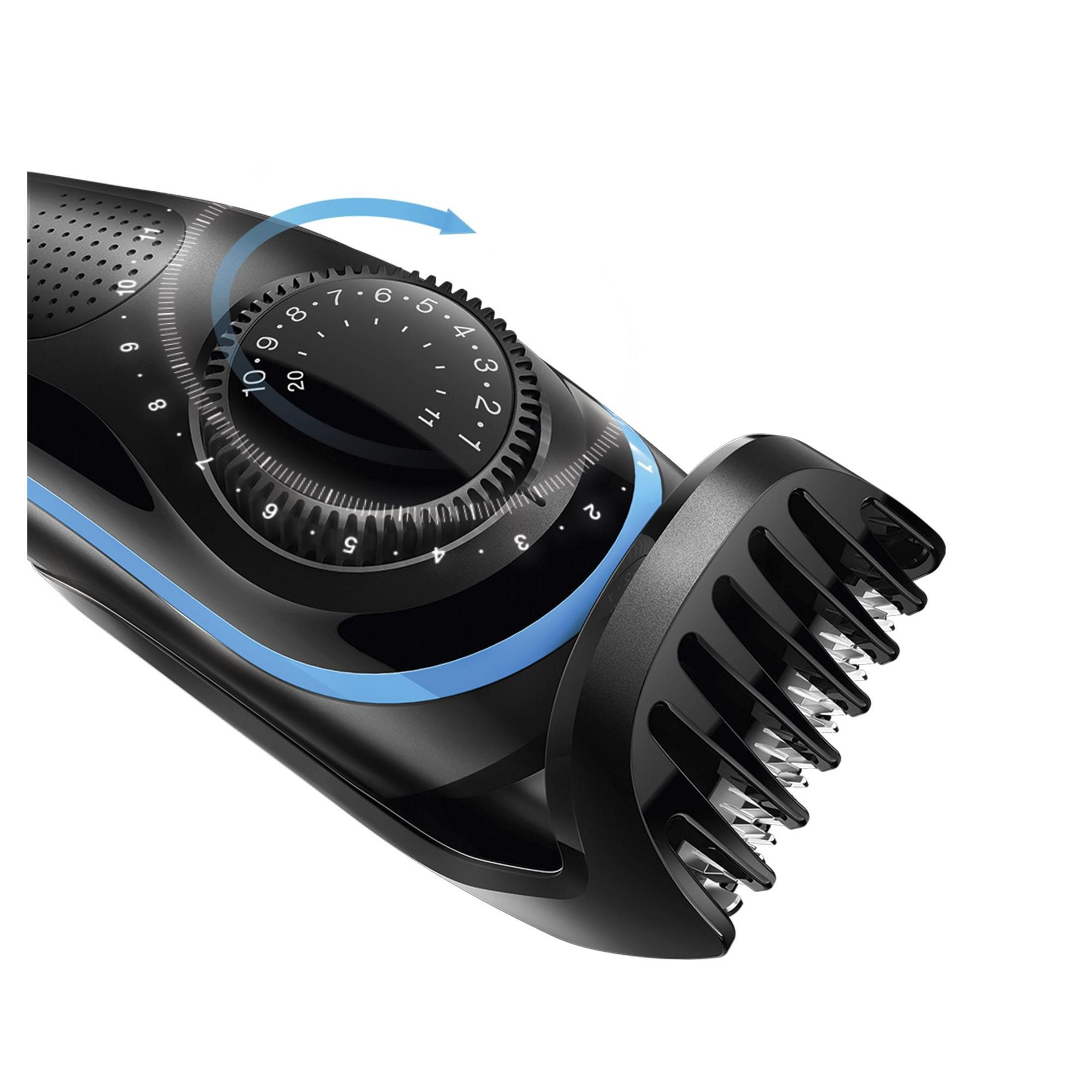 Recortadora de barba negra con un dial para ajustar la configuración de longitud, el peine es visible.