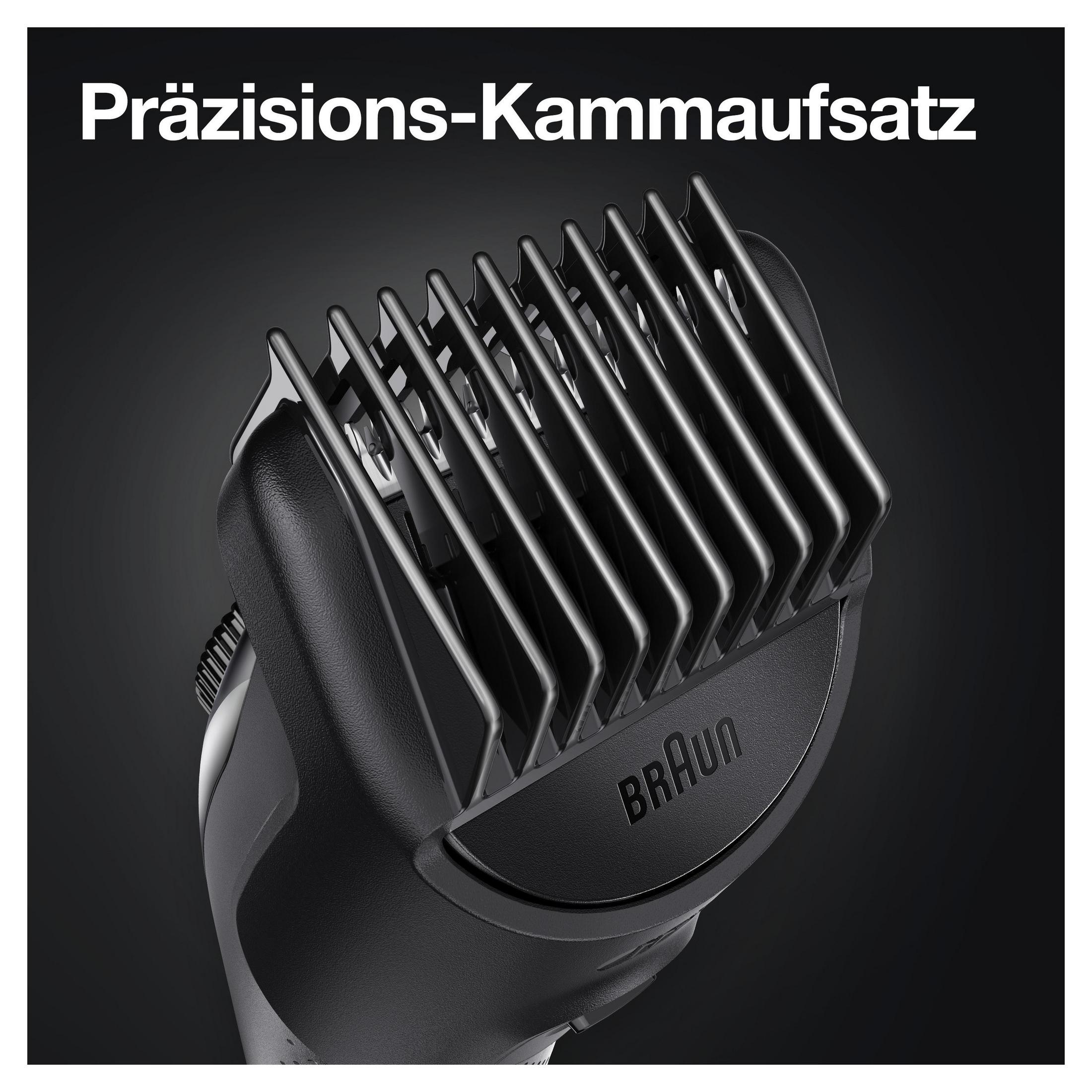 Primer plano del cabezal recortador Braun. Plástico negro y gris con cuchillas.