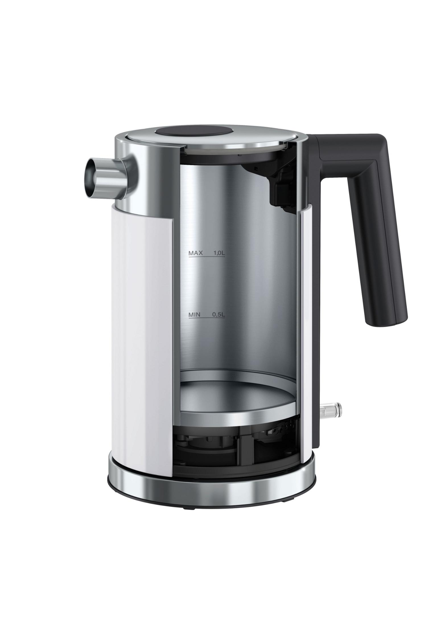 Przekrojony czajnik pokazujący konstrukcję wewnętrzną. Biały zewnętrzny, błyszczący stalowy środek, czarny uchwyt.