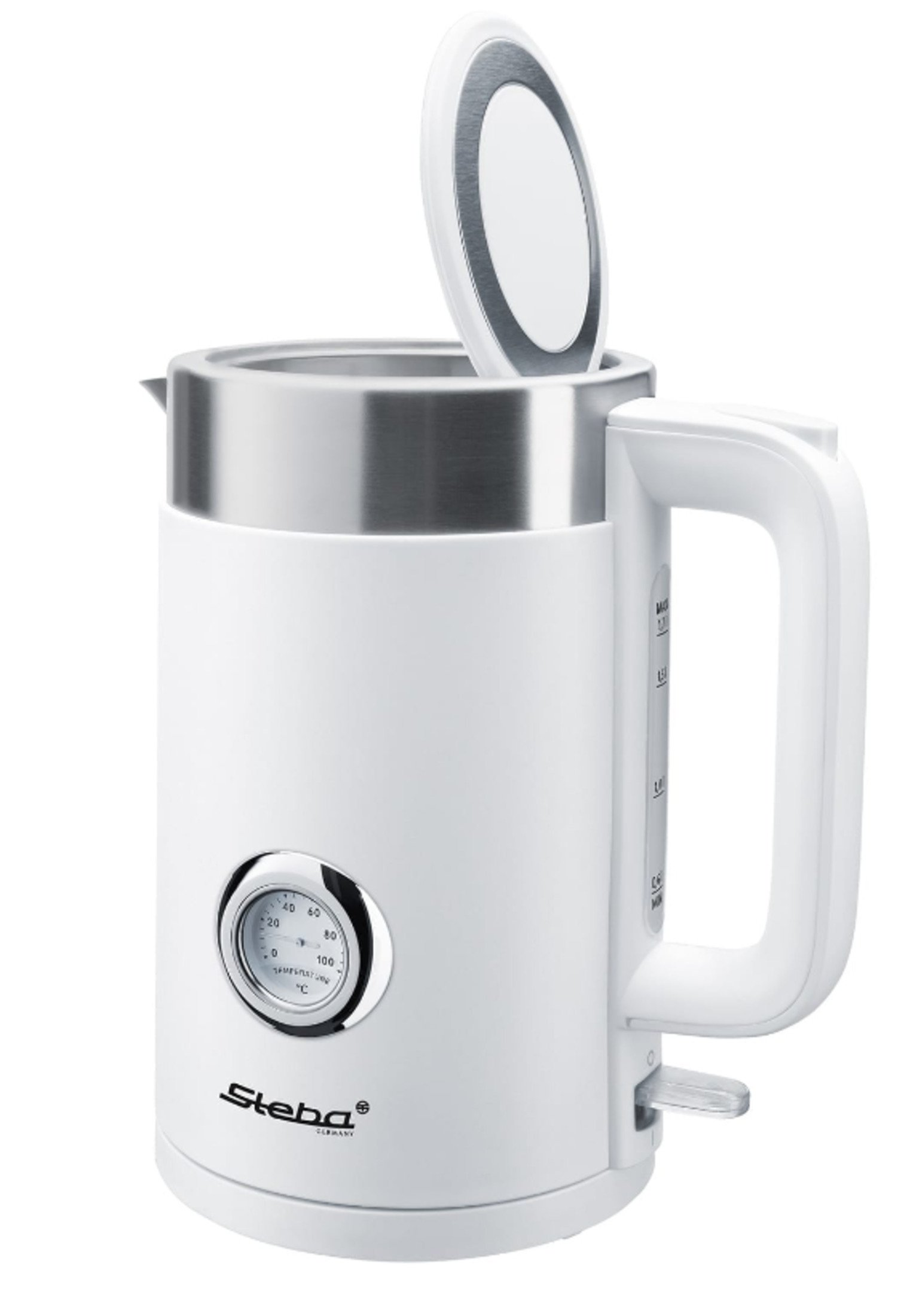 Weißer Wasserkocher mit offenem Deckel, Edelstahlverkleidung, Temperaturanzeige und Griff.