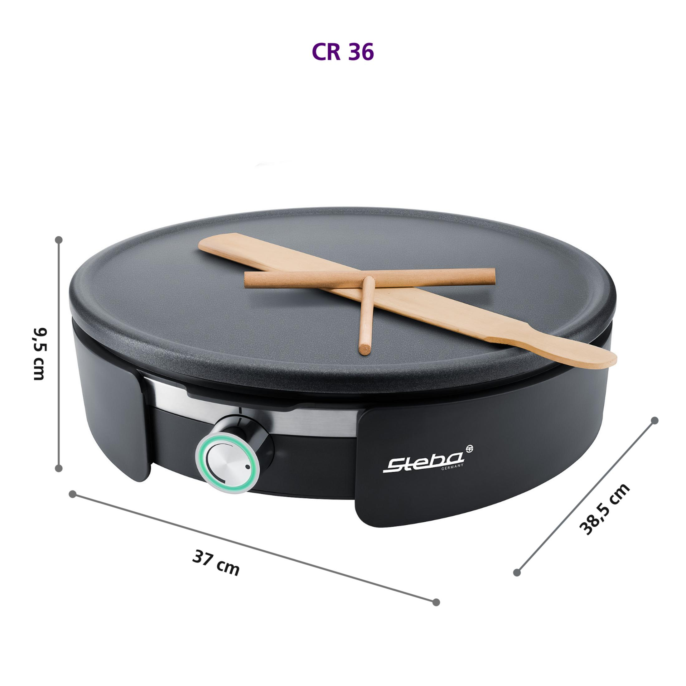 CR 36 Crêpes Maker mit Holzverteiler und Abmessungen.