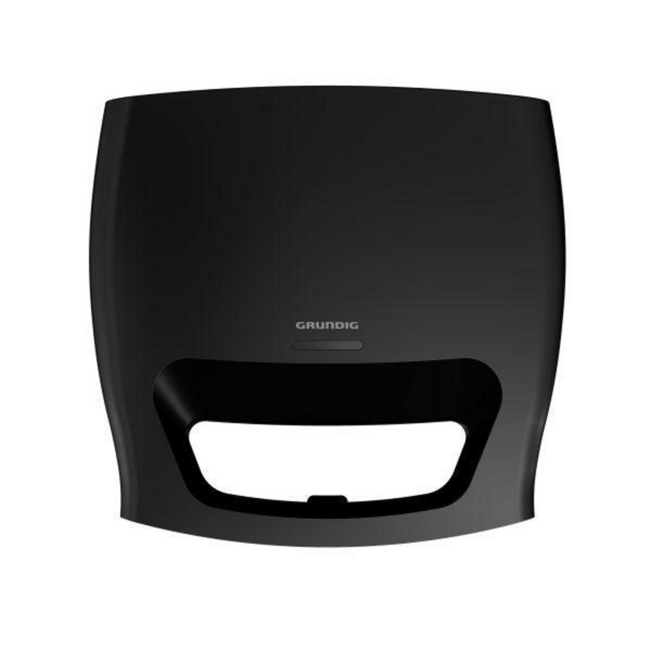 Czarny, prostokątny suszarka do rąk Grundig z zakrzywionym dolnym otworem.
