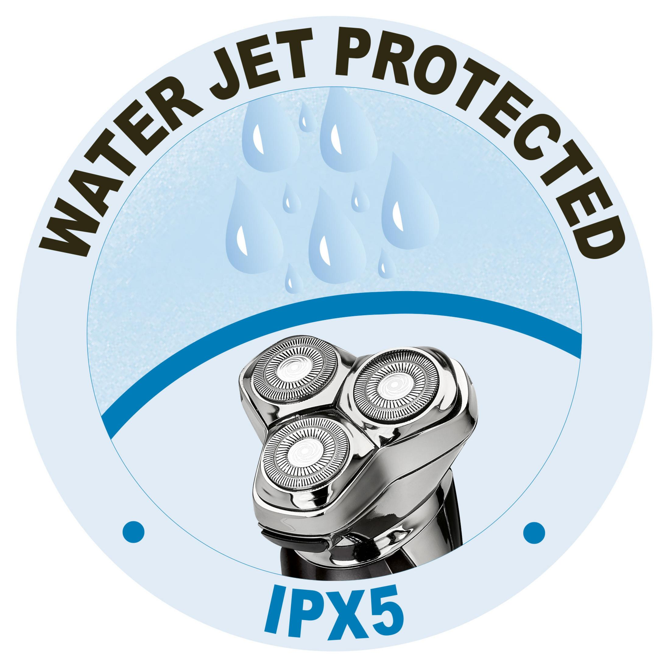 Zbliżenie głowicy golarki z kroplami wody i tekstem WATER JET PROTECTED oraz IPX5.