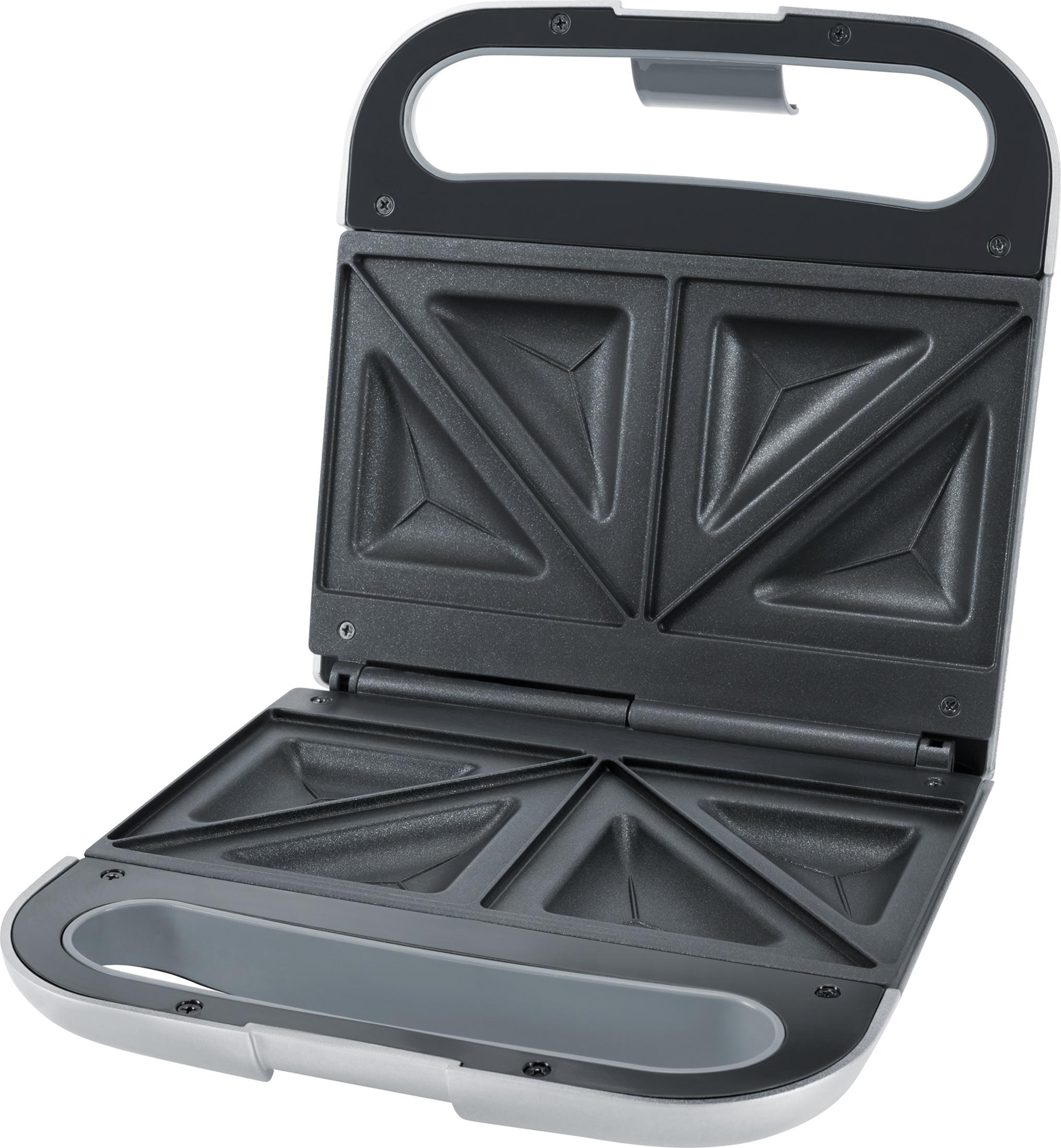 Ein geöffneter Sandwichmaker mit weißem Sockel und schwarzem Innenraum.