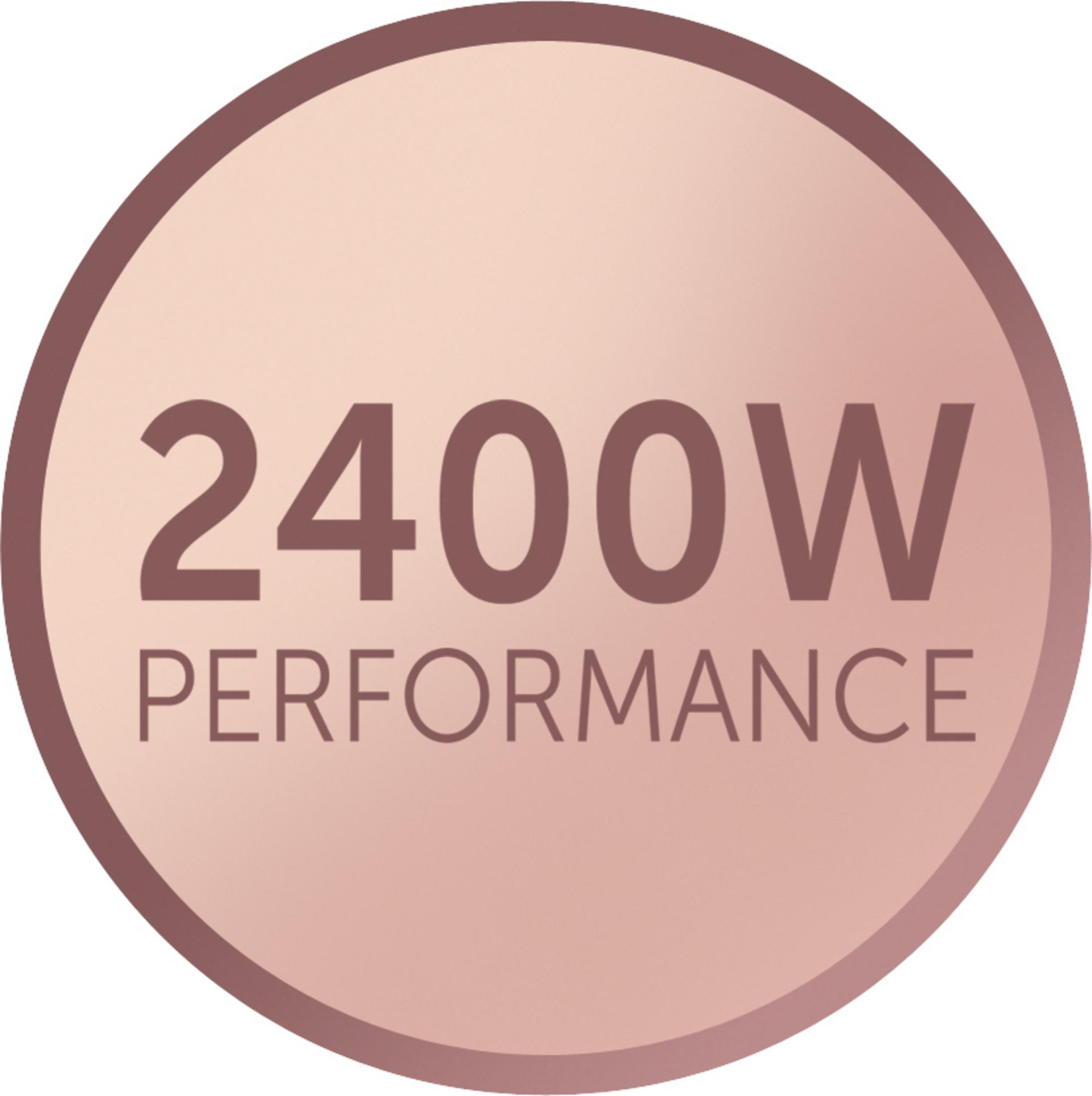 Een roze cirkel met de tekst "2400W PERFORMANCE" in bruin.