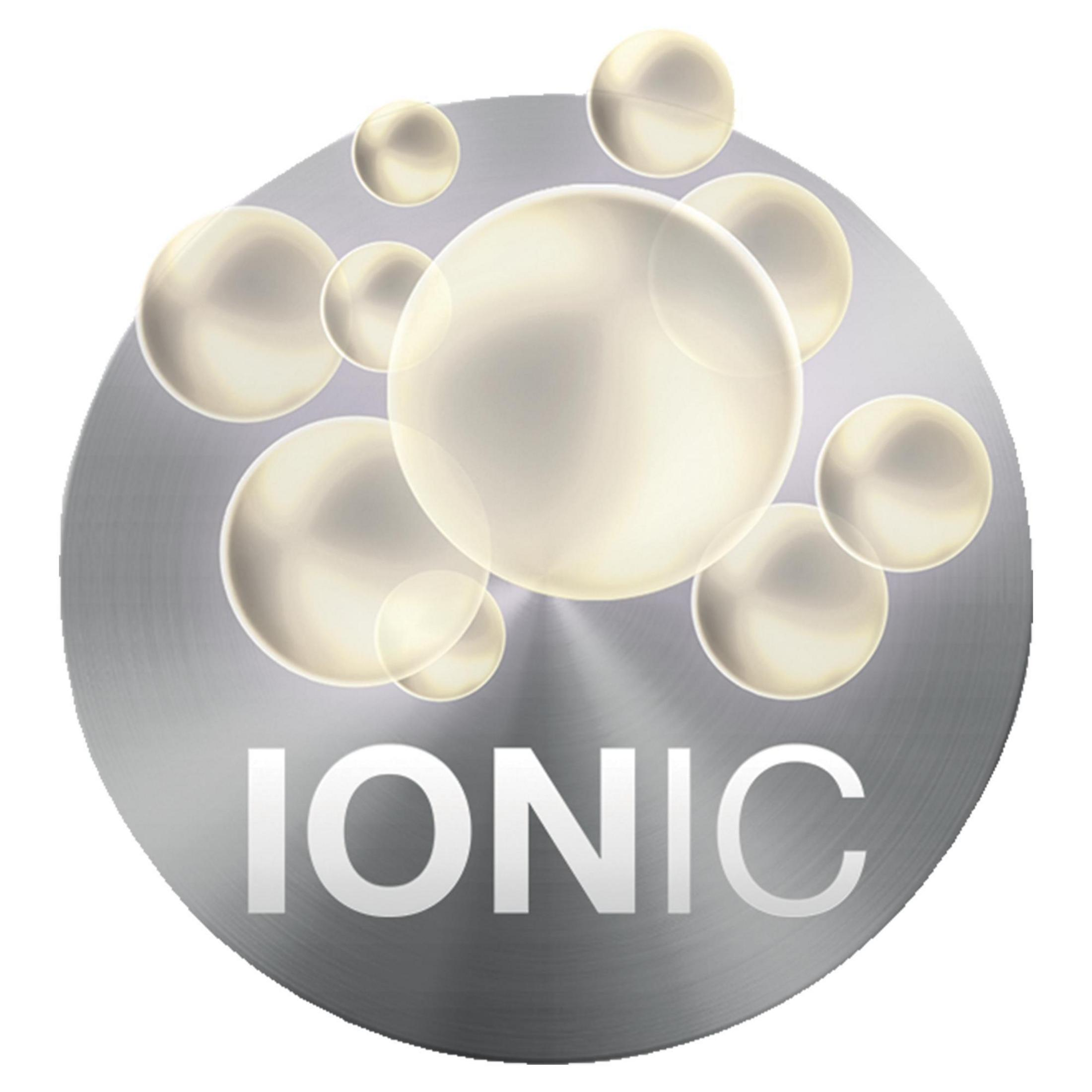 Srebrne, okrągłe logo ze słowem 'IONIC' i unoszącymi się białymi kulami.