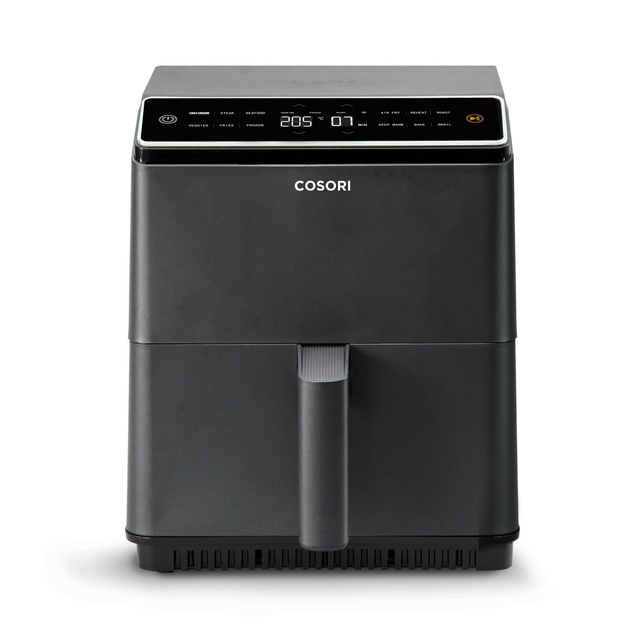 Czarna frytkownica powietrzna z uchwytem i wyświetlaczem cyfrowym, pokazująca różne funkcje gotowania.