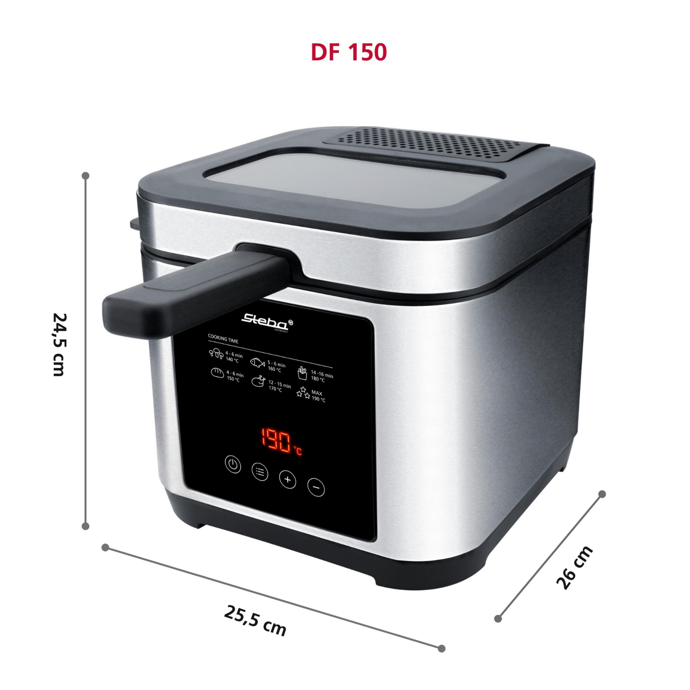 Une friteuse en acier inoxydable avec une poignée noire et un panneau de contrôle, affichant le temps de cuisson.