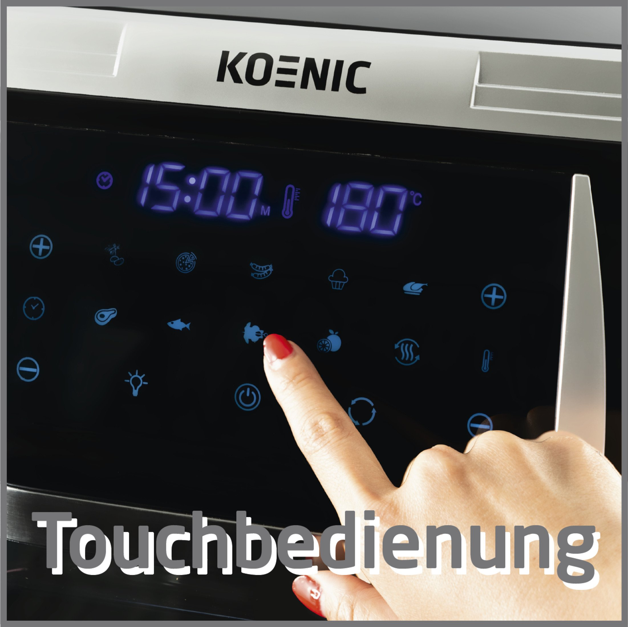 Nahaufnahme des Bedienfelds eines Koenic-Heißluftfritteuse. Hand berührt Bildschirm.