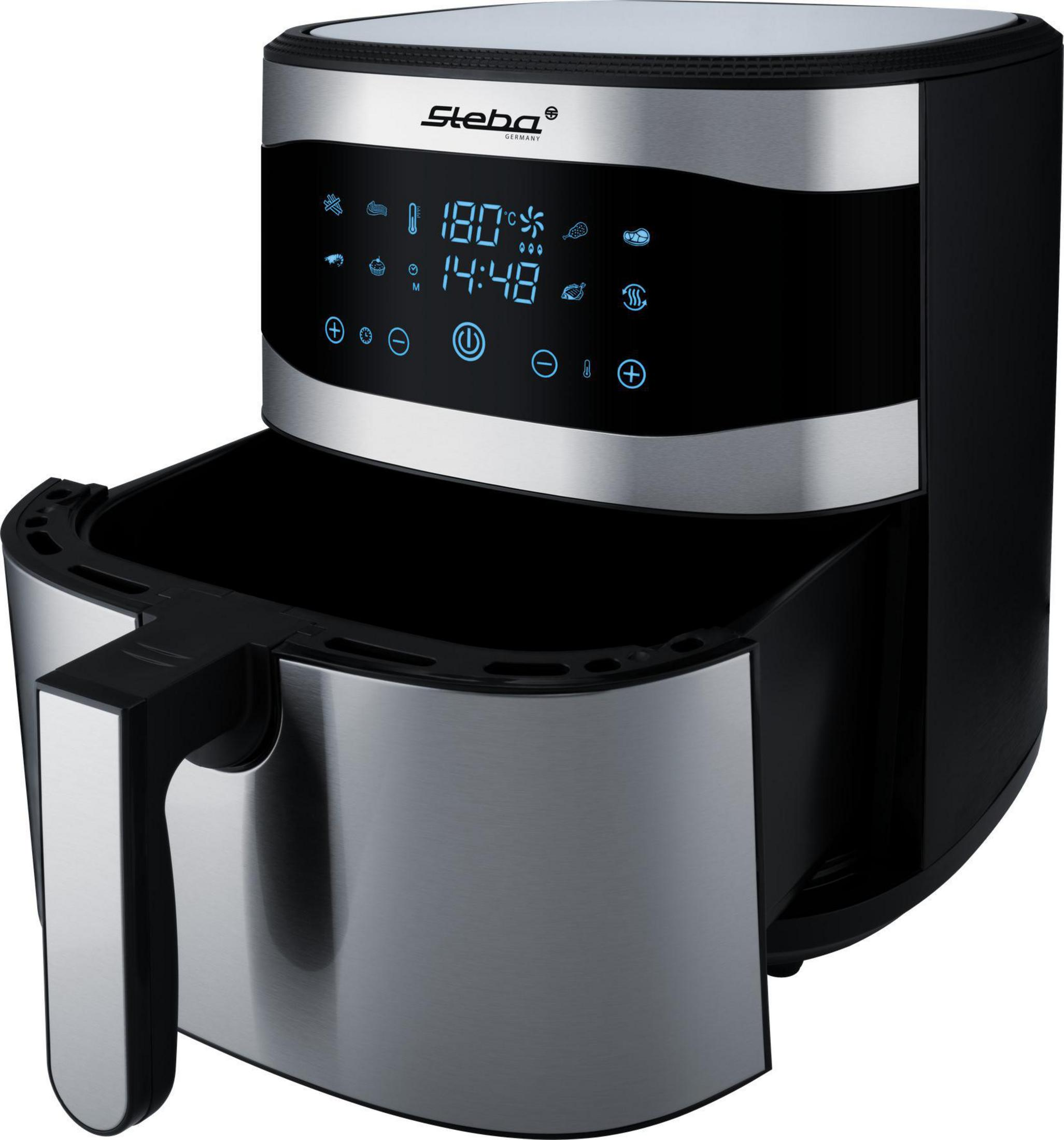 Een zwart-zilveren airfryer met een digitaal display. De handgreep zit links.