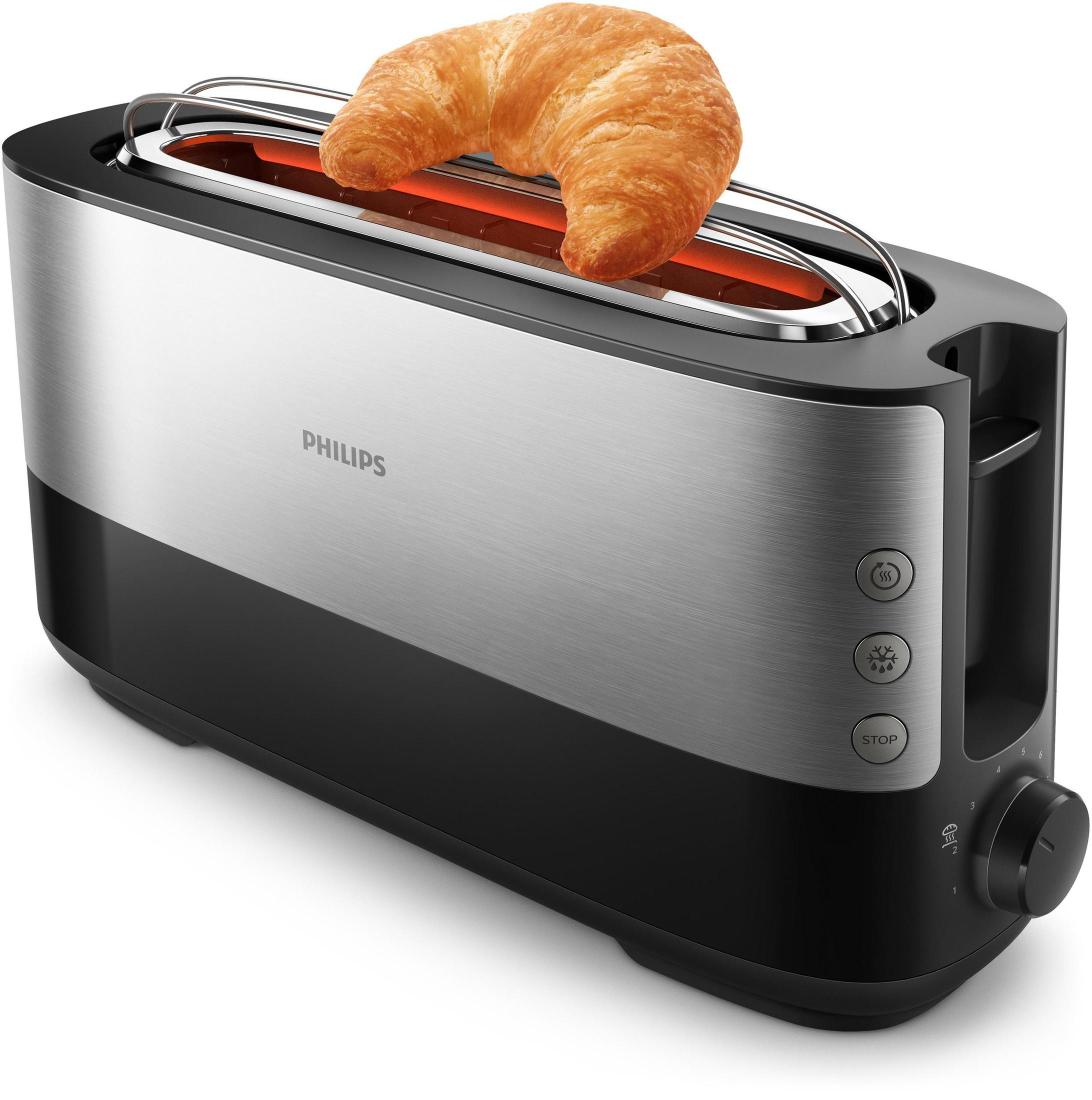 Ein Philips-Toaster mit einem goldenen Croissant. Der Toaster ist schwarz und silber.