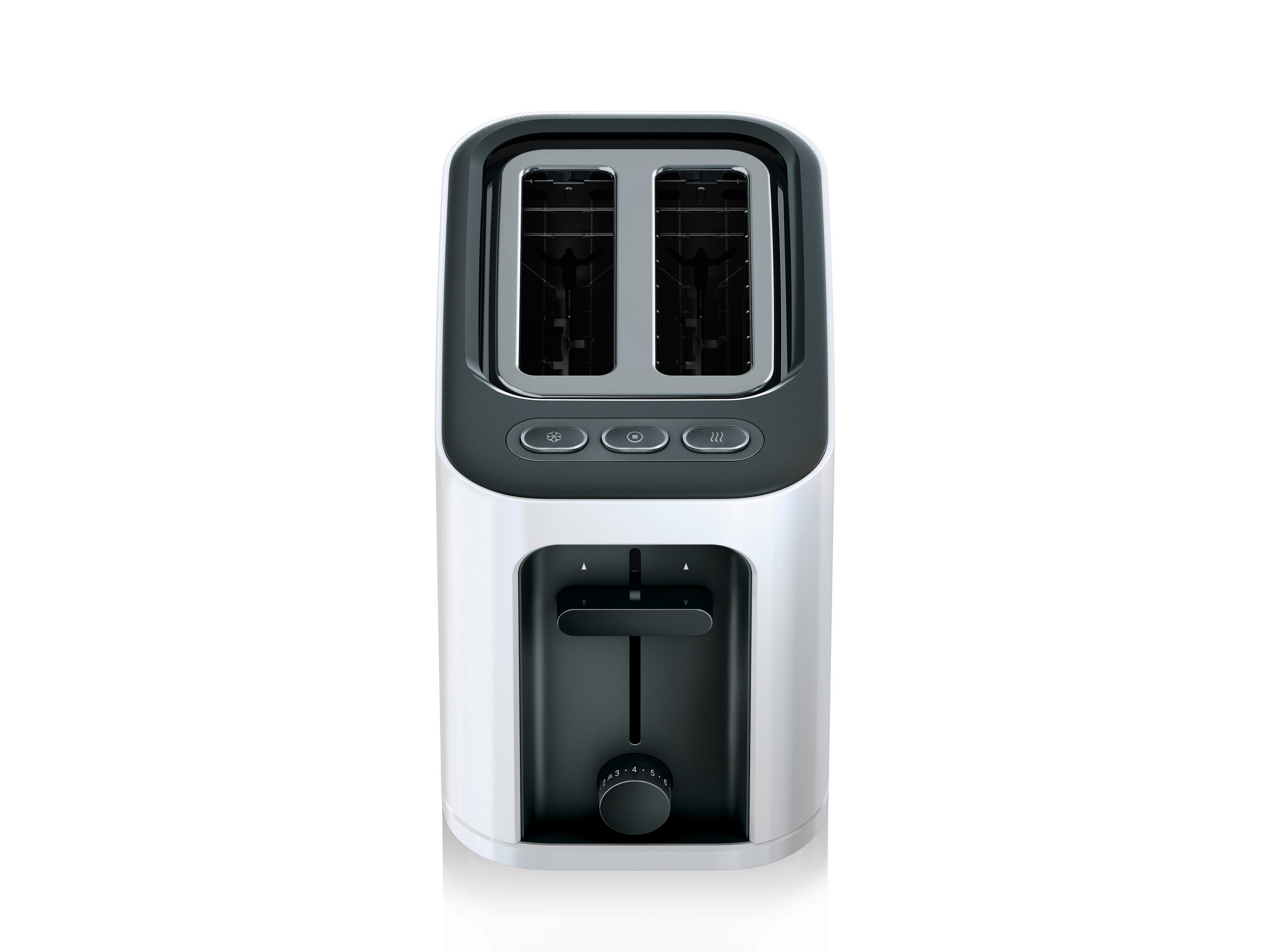 Biały i czarny toster z trzema przyciskami i pokrętłem.