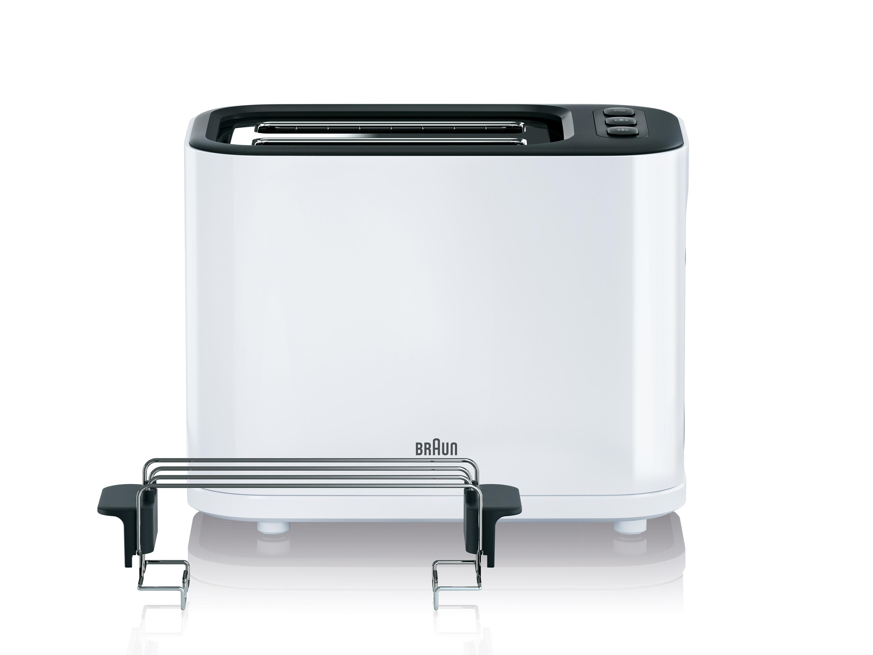 Biały toster Braun z czarnym blatem i srebrnym stojakiem na chleb.