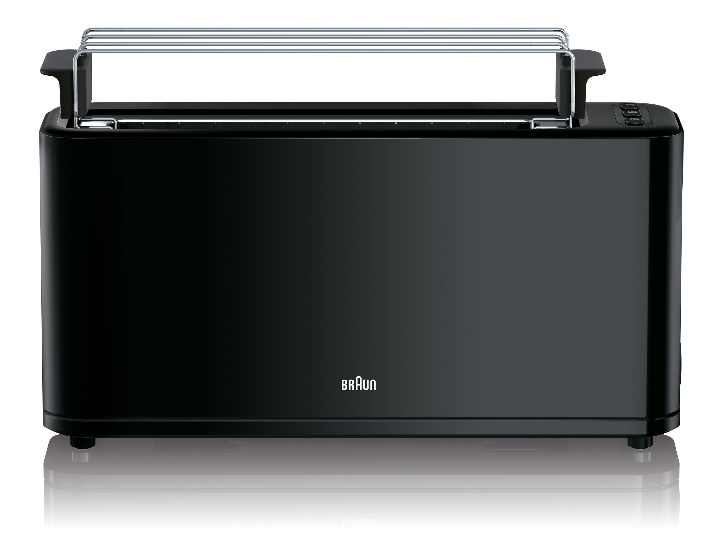 Czarny toster Braun z rusztem grzewczym, na białej powierzchni.